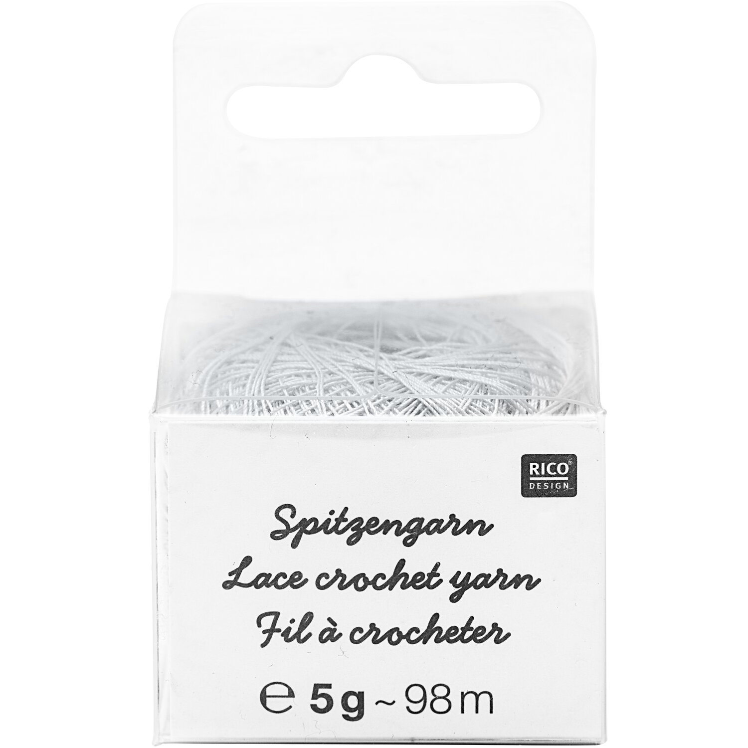 Spitzengarn, feines Häkelgarn von Rico Design in dezentem Silberton, 5g 98m, im transparenten Kunststoffkarton mit mehrsprachiger Aufschrift dargestellt