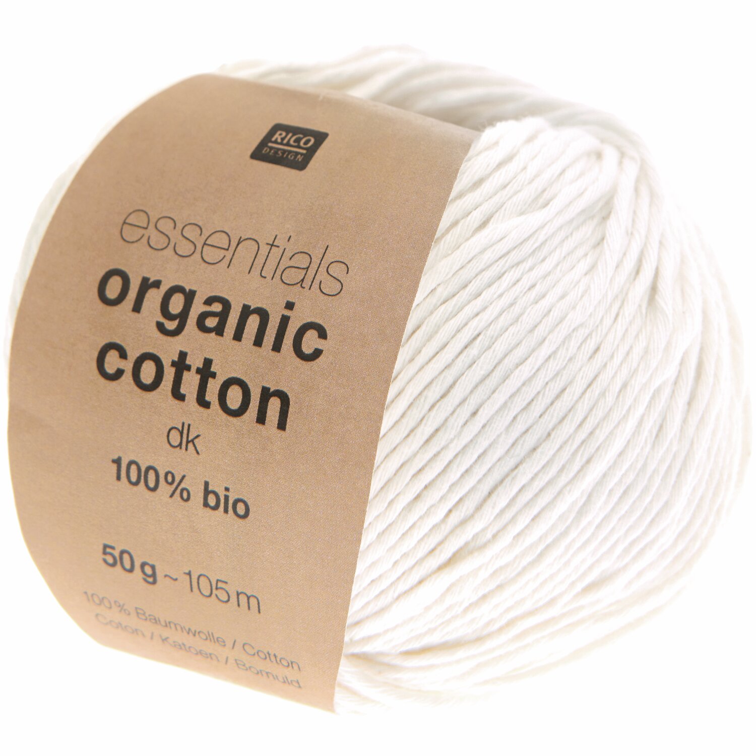 Essentials Organic Cotton dk, weißes Garn von Rico Design, 50g, 105m, 100% bio, ideal für umweltfreundliche Strickprojekte.