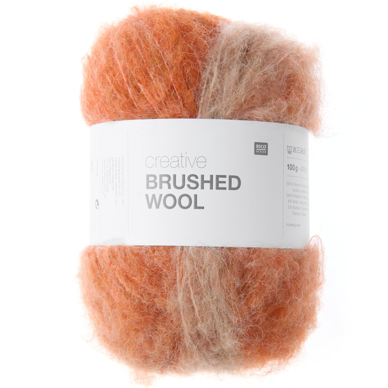 Strickset Pullunder Modell 33 aus Lovewool No. 23, flauschiges meliertes Garnknäuel in warmen Orange‑ und Beigetönen mit breiter Banderole und Wollangaben.