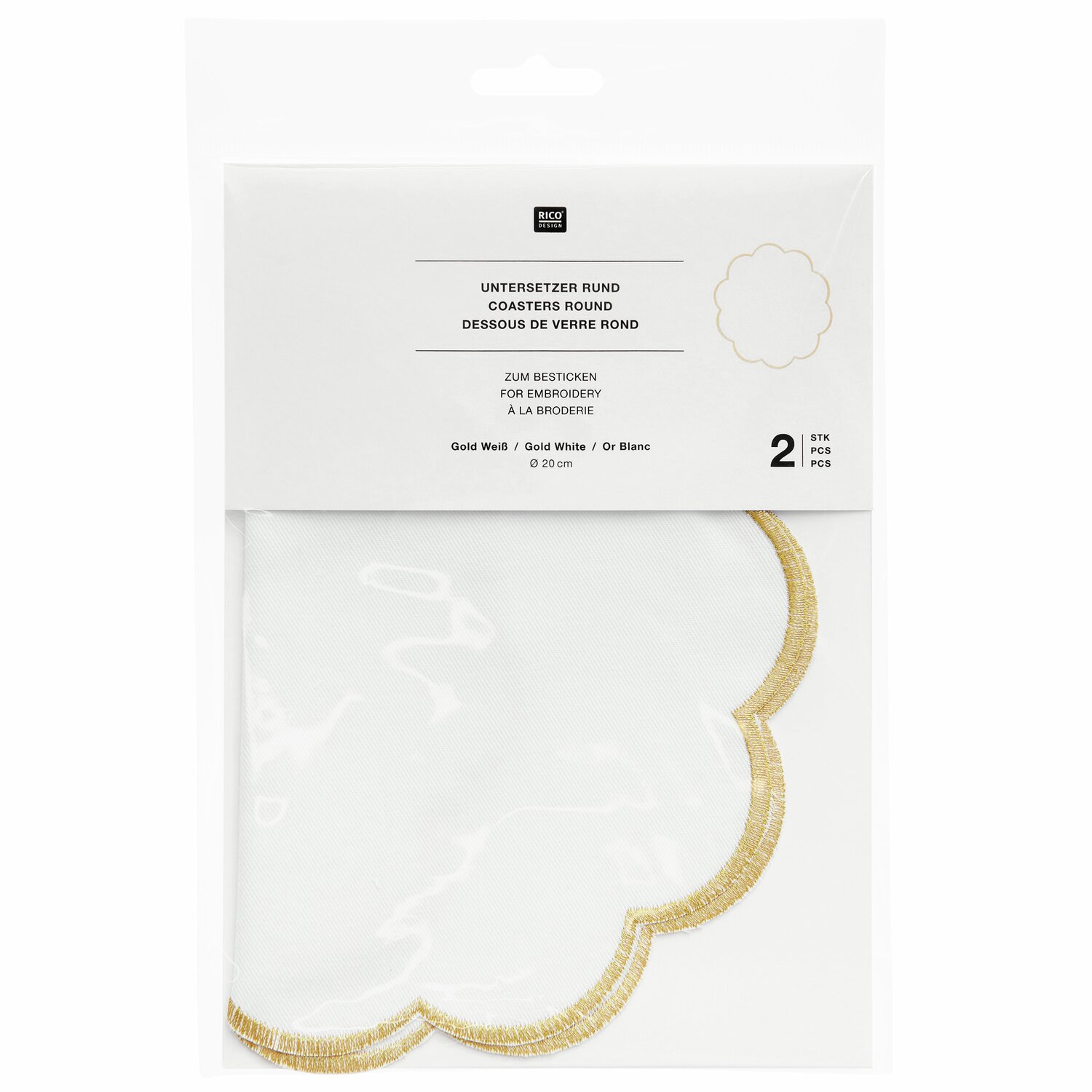 Untersetzer rund Gold/Weiß 2 Stück von Rico Design, verpackt in transparenter Hülle, Ø20cm.
