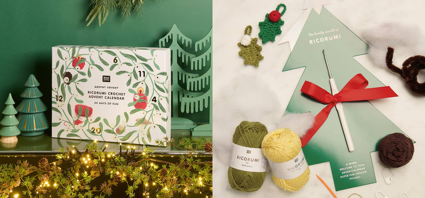 Ein Ricorumi Adventskalender steht in weihnachtlich geschmückter Umgebung. Daneben liegt Häkelzubehör. 