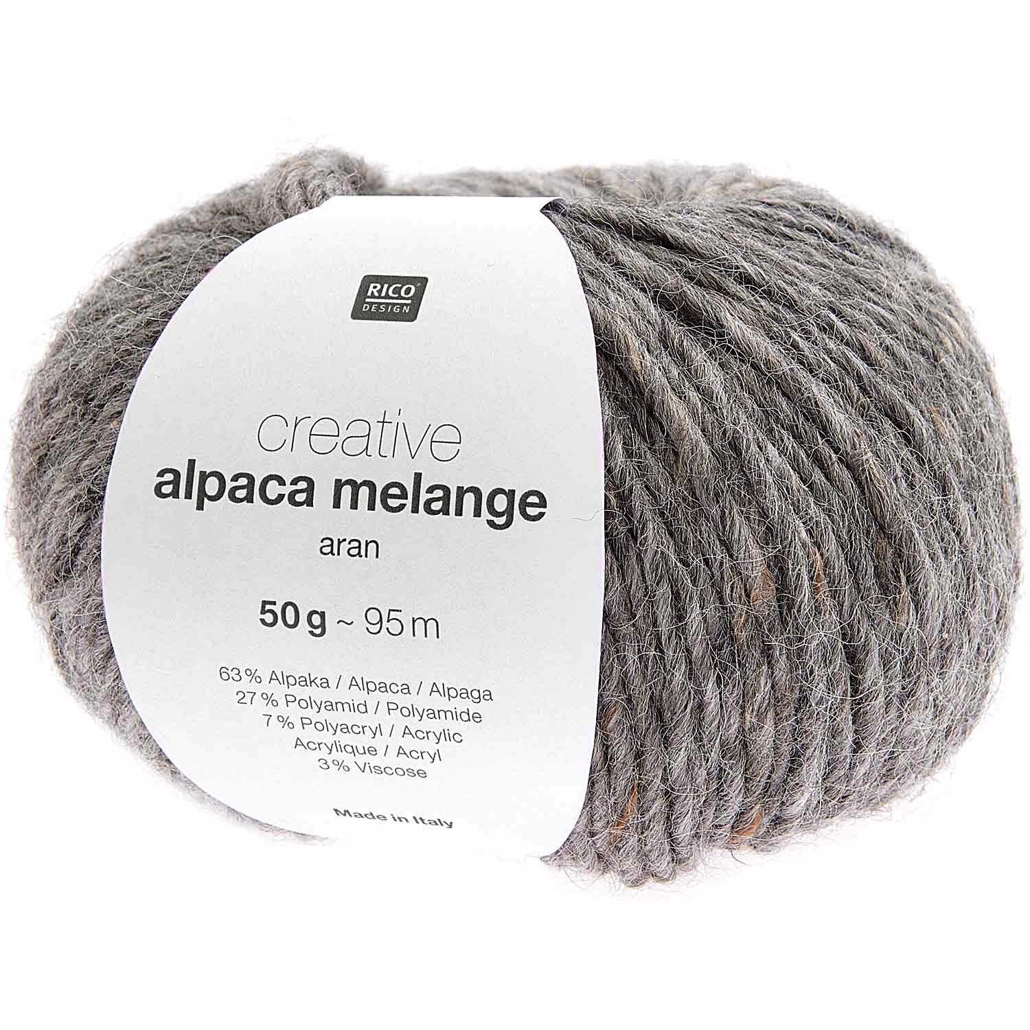 Creative Alpaca Melange aran: Graues Garn von Rico Design, 50g Knäuel mit 95m Länge, ideal für Strickprojekte.
