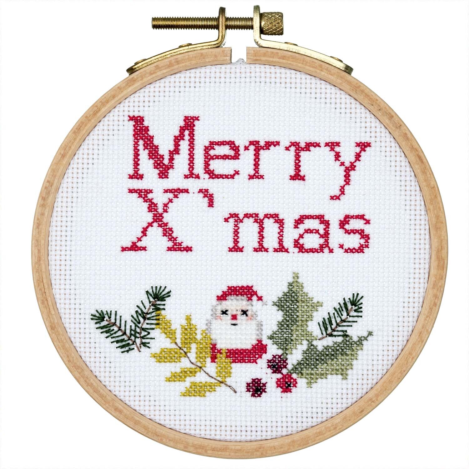 Stickpackung Merry X-Mas 10,5cm zeigt ein weihnachtliches Motiv mit Santa und Zweigen in einem Stickrahmen.