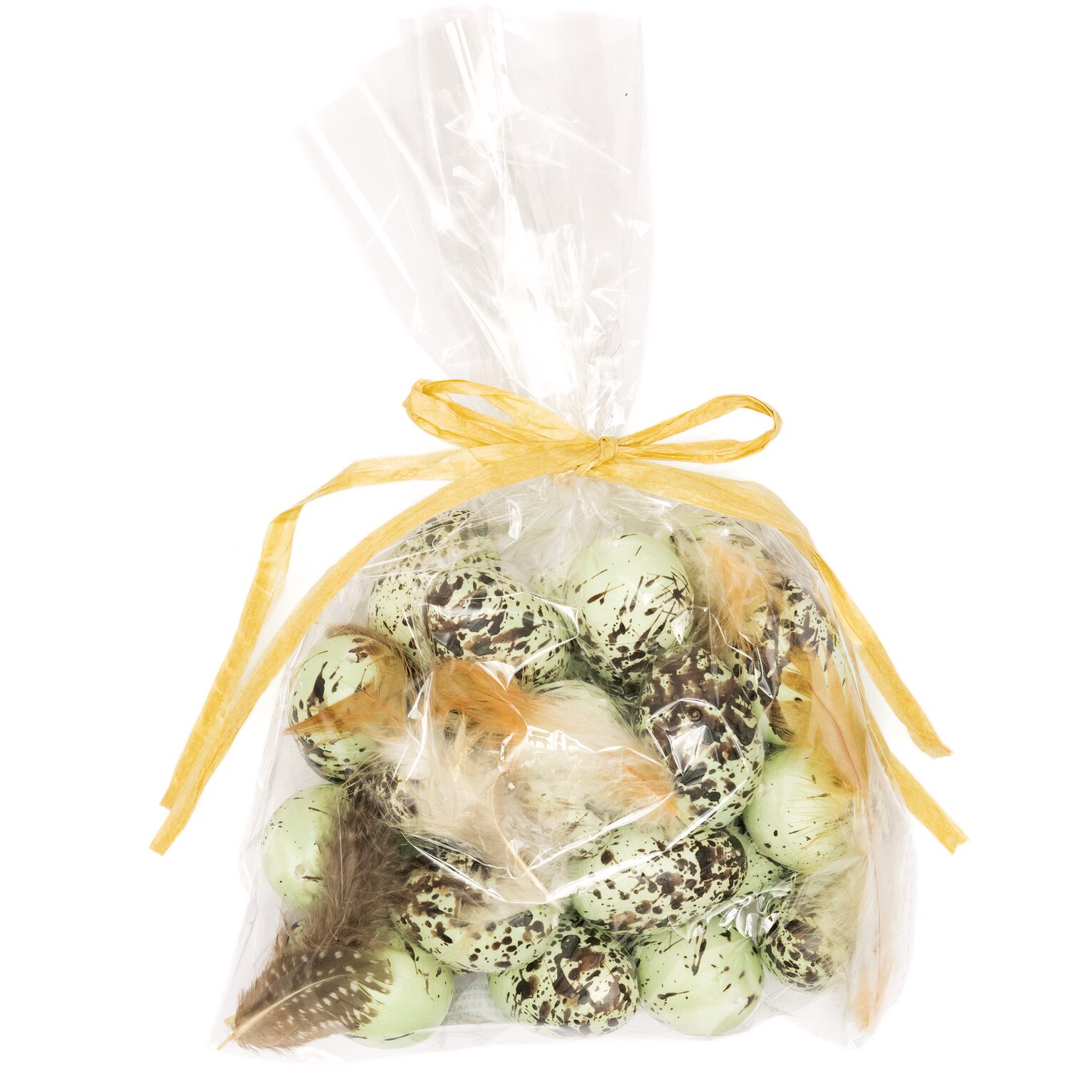 Eier und Federn grün-braun 4cm 24 Stück in transparenter Tüte mit gelber Schleife, Mehrfarbig.