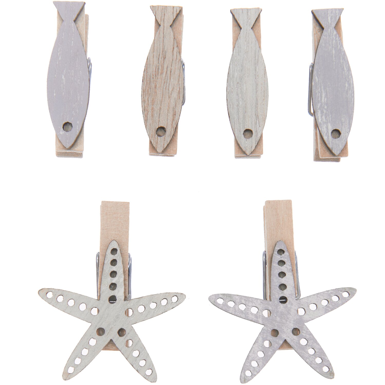 Dekoklammern Fisch & Seestern Mix natur 7x35mm, 8 Stück. Holzklammern in Fisch- und Seesternform für kreative Dekorationen.