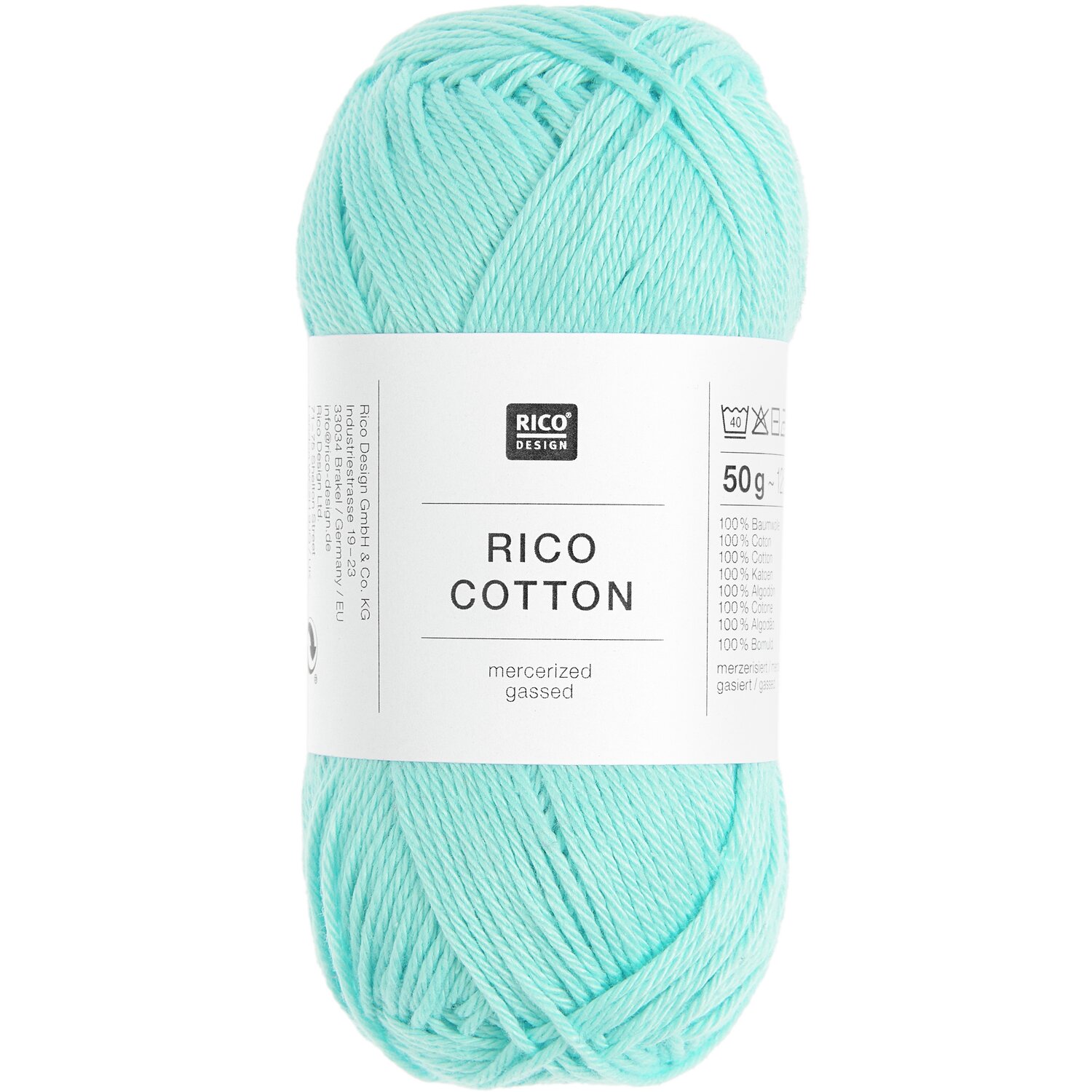 Rico Cotton Garn in Aqua, 50g Knäuel, 125m Länge, ideal für Strick- und Häkelprojekte.