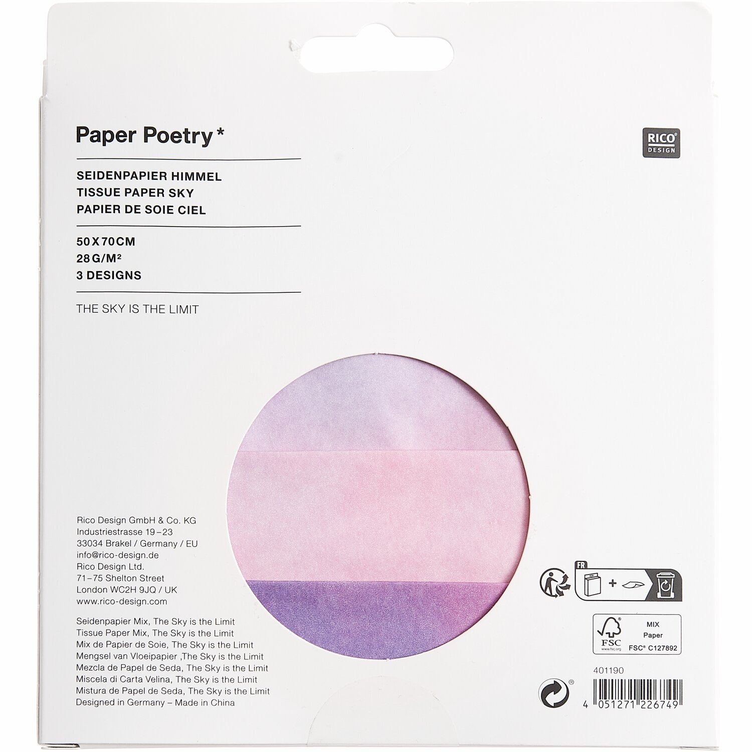 Paper Poetry Seidenpapier Mix The Sky is the Limit, 9 Bögen in sanften Pastelltönen, 50x70cm. Ideal für kreative Projekte und Geschenkverpackungen.