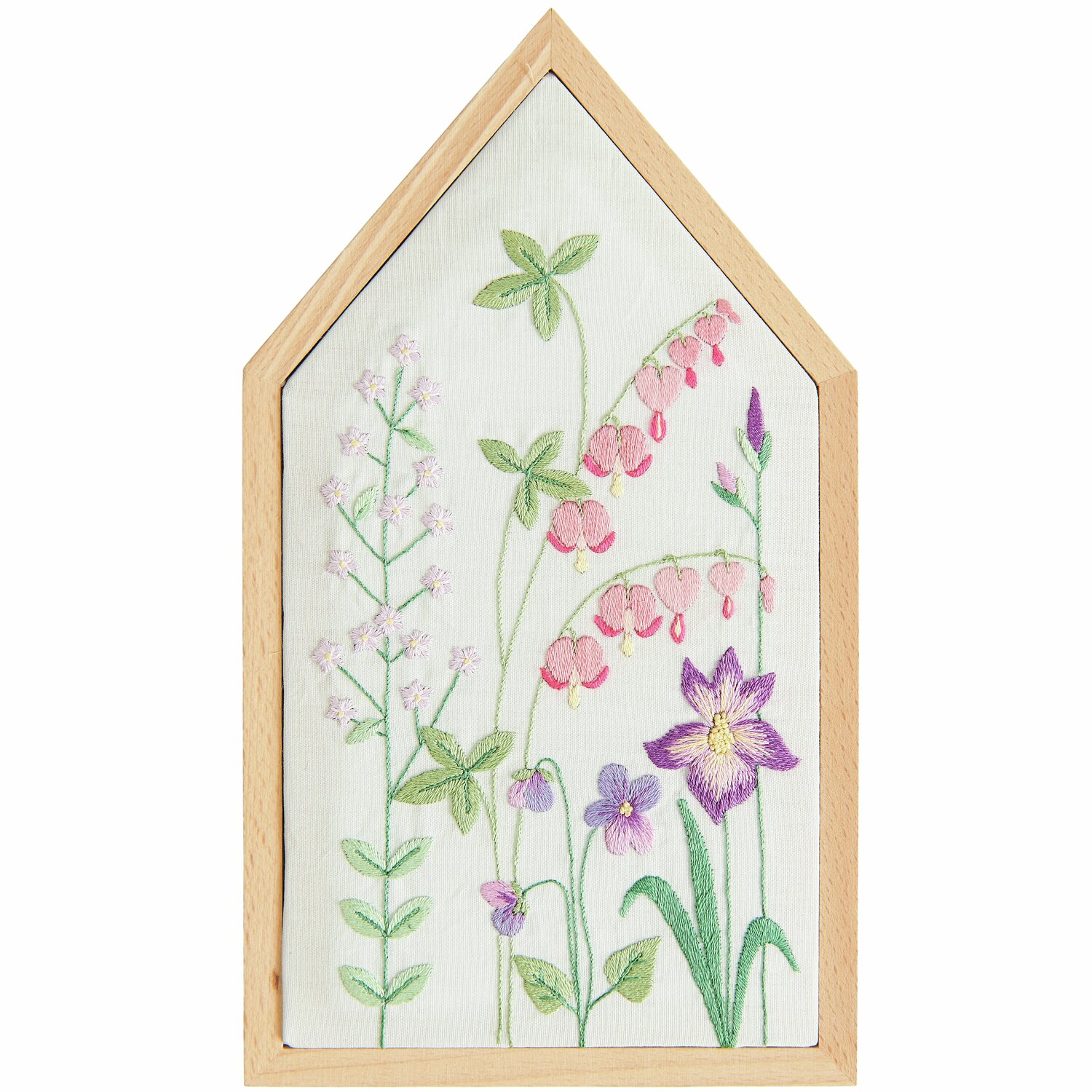 Stickpackung Vorgezeichnet Frühlingshafte Blumenwiese zeigt bunte Blumen auf weißem Stoff, eingerahmt in Holz, Größe 12,5x22,5cm.