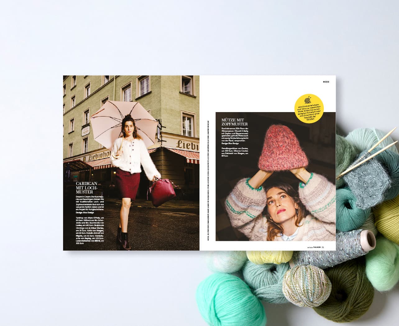 Ausschnitt aus dem Magazin Freundin und bunte Garnknäuel
