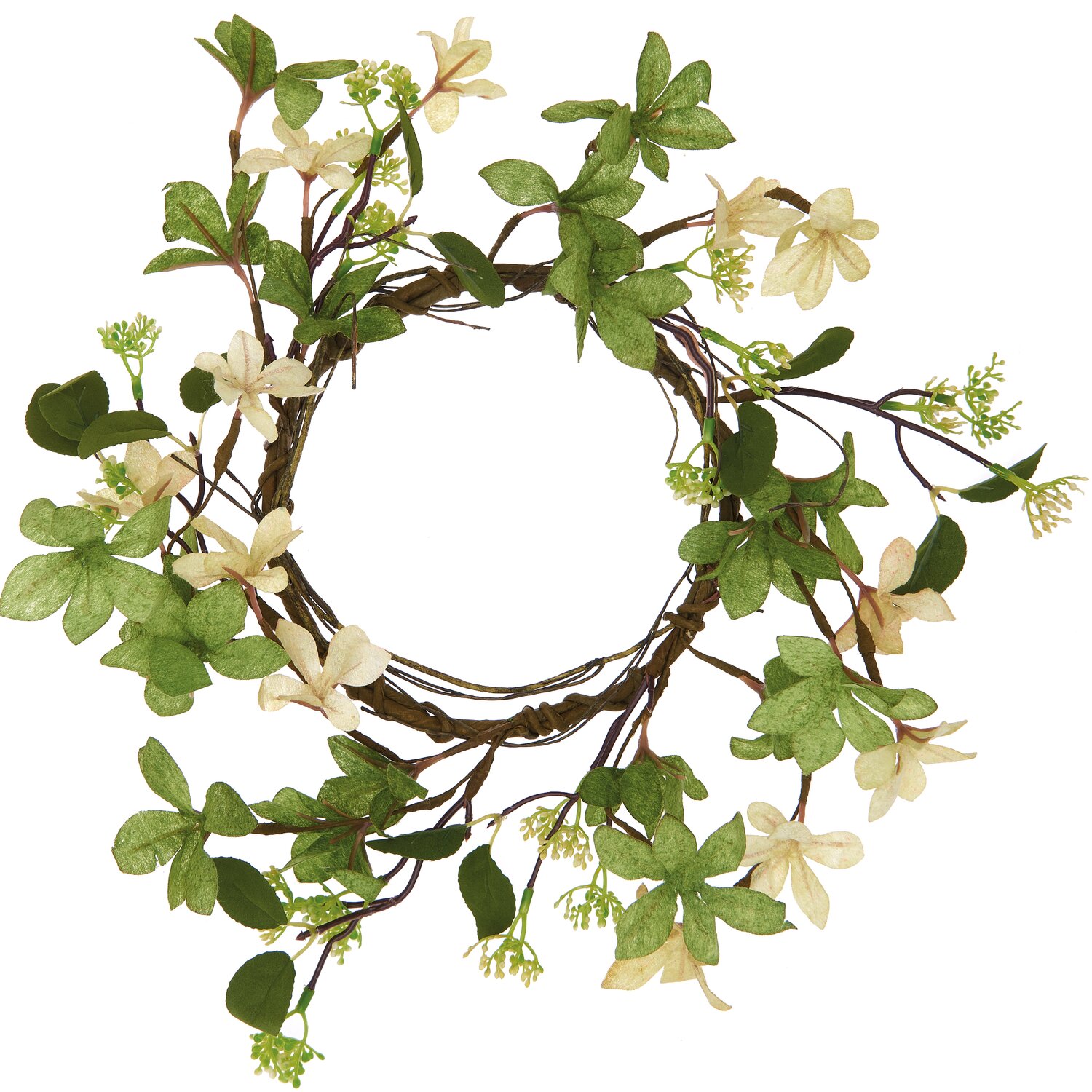 Kranz mit Blüten creme-weiß 40cm: Dekorativer Kranz mit grünen Blättern und cremefarbenen Blüten. Ideal für Tür- oder Wanddekoration.
