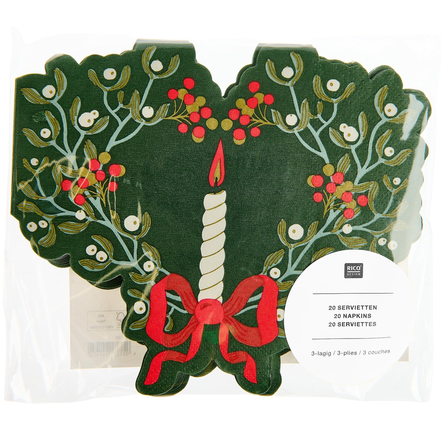 Servietten Advent Mistelzweig mit Kerze 20 Stück 32,5x28cm von Rico Design