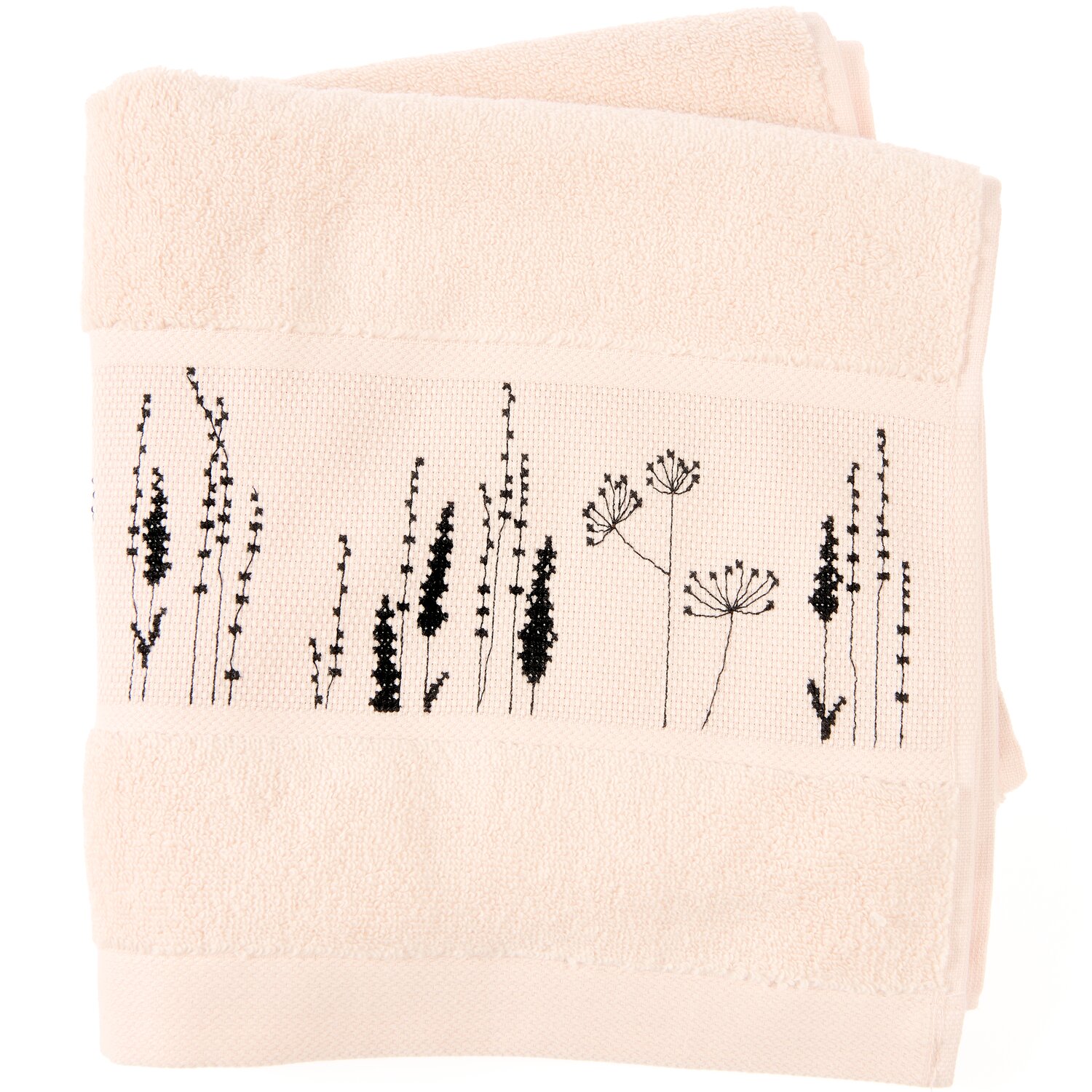 Stickset Handtuch, Puder Modell 80857 aus Stickbuch 186 zeigt weiches Frotteehandtuch mit eingewebtem Aida-Streifen und feinem, schwarzem Blumenstickmuster.