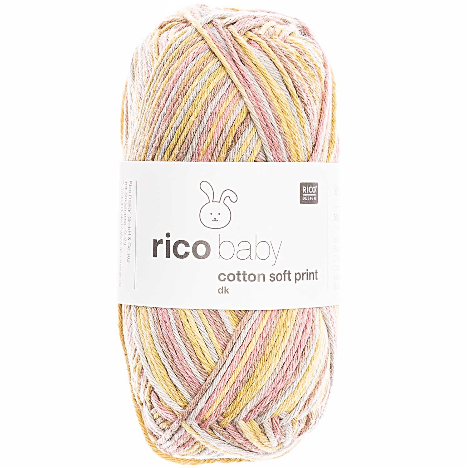Rico Baby Cotton Soft Print dk, weiches Garn in Senf-Beere, 50g Knäuel, ideal für Strickprojekte.