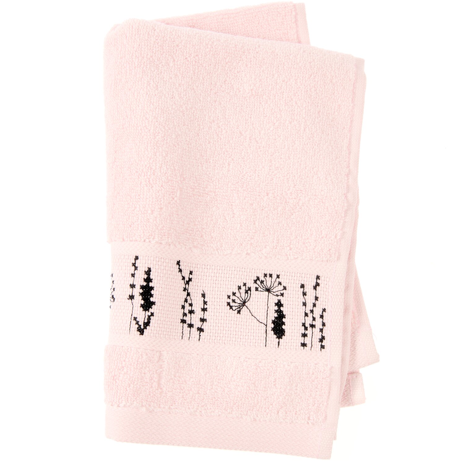 Stickset Gästetuch, Pastellrosa Modell 80857 aus Stickbuch 186 zeigt ein weiches Gästehandtuch mit eingewebtem weißen Stickfeld und schwarzem Blumenmuster.