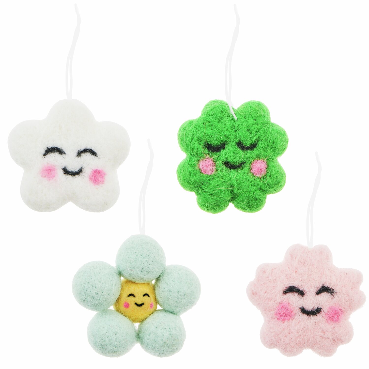 Aufhänger Filz-Sortiment Cloud & Bloom, 4-teilig, zeigt bunte, lächelnde Filzfiguren in Weiß, Grün, Blau und Rosa.