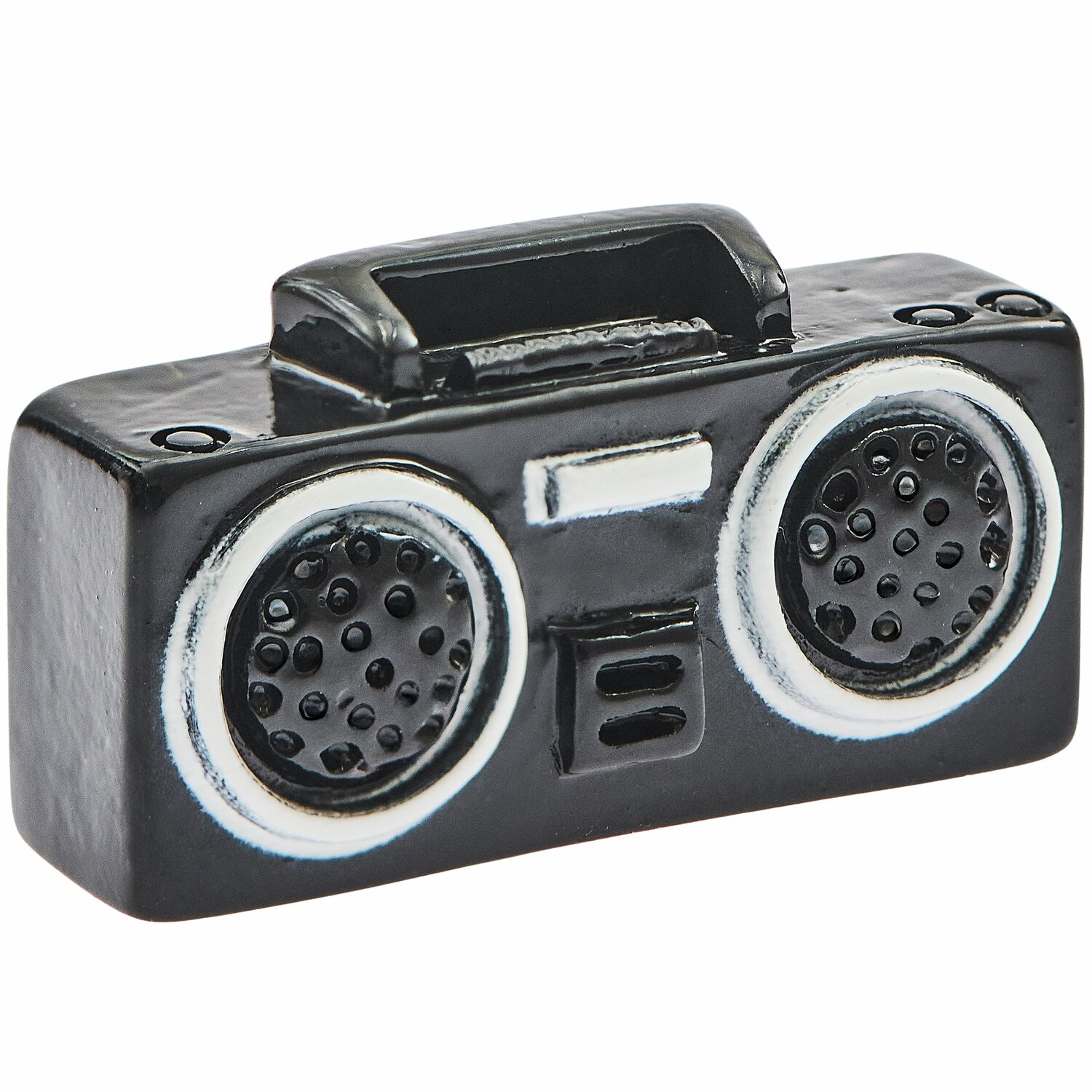 Miniatur Ghettoblaster in Schwarz von Rico Design, detailgetreu mit zwei Lautsprechern und Griff.