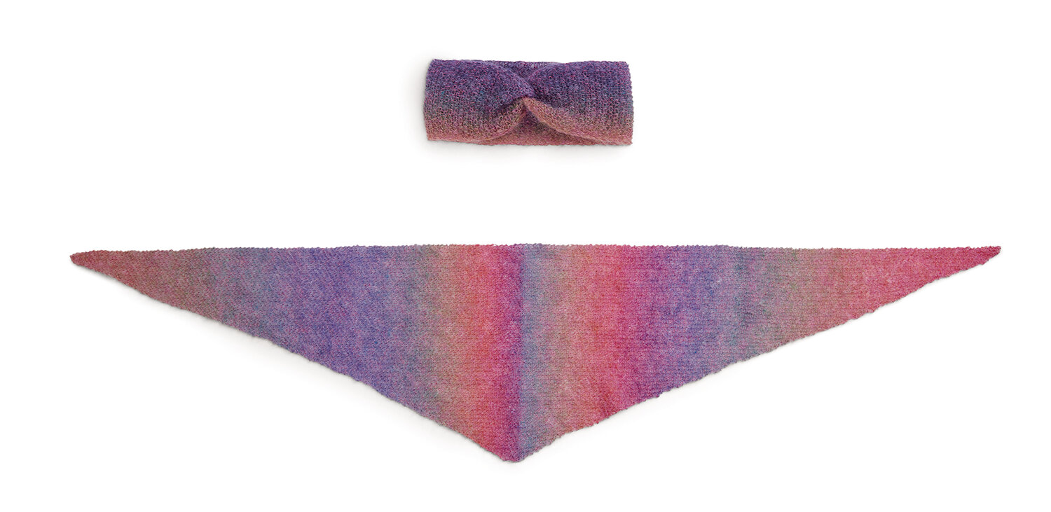 Strickanleitung Stirnband und Tuch aus Fashion Mohair Rainbows, weiches Set mit farbverlaufendem Dreieckstuch und passendem Stirnband in warmen Pastelltönen