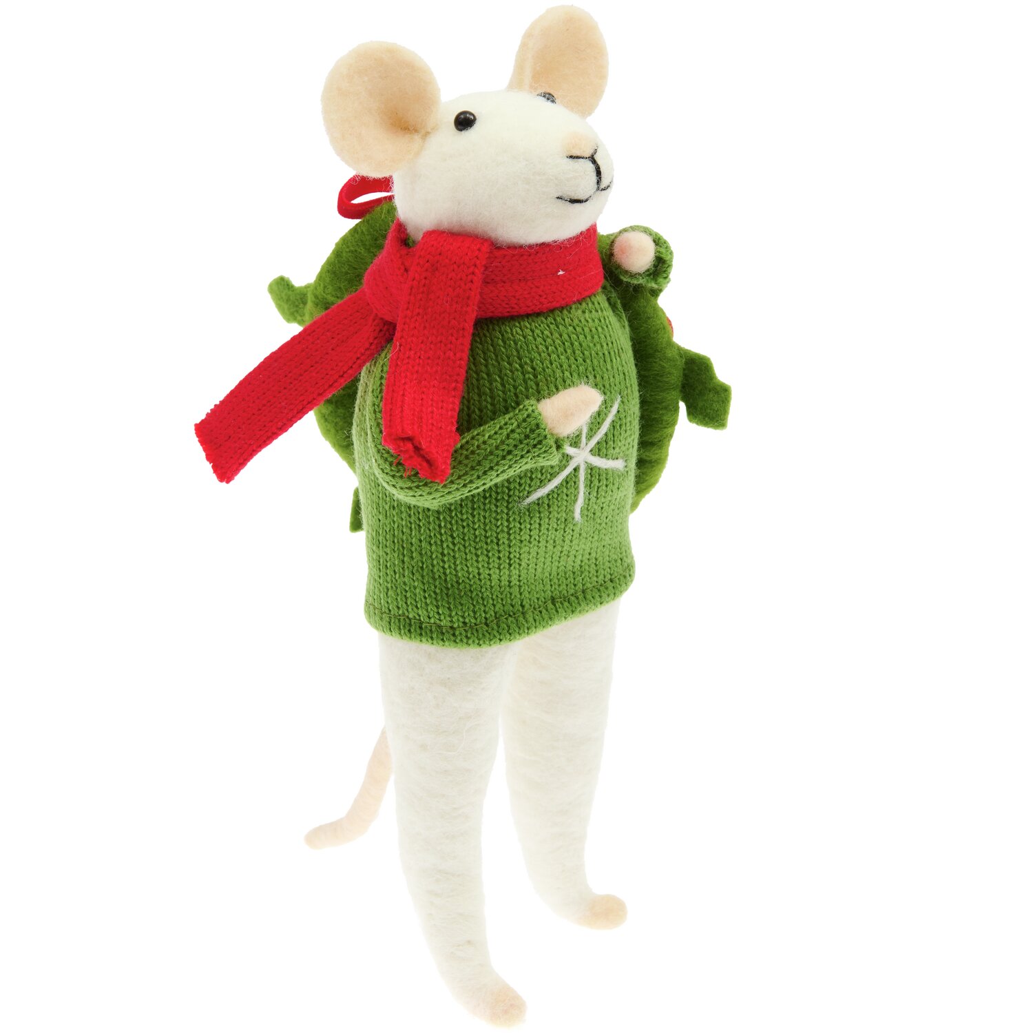 Filz-Maus mit Ilexkranz und grünem Strickpulli, rotem Schal, 22x10x10cm, ideal als Deko.