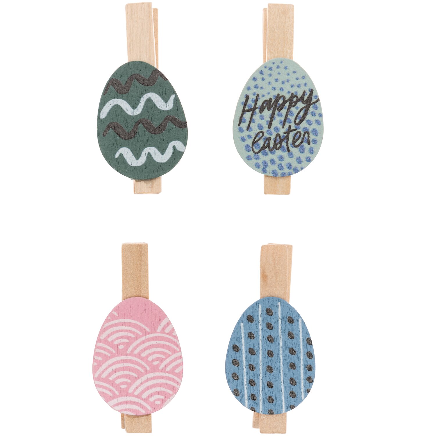 Dekoklammern Osterei Happy Easter 4 Stück, mehrfarbig, mit verschiedenen Mustern auf Holzwäscheklammern. Ideal für Osterdekorationen.