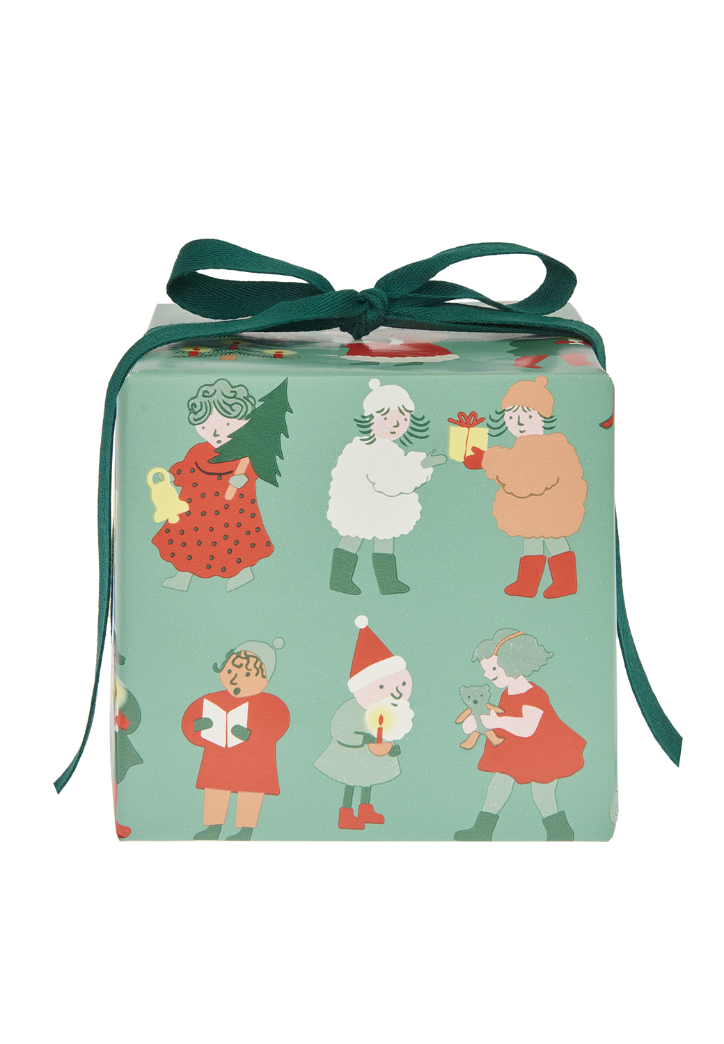 Ein Geschenk, das in Geschenkpapier mit Weihnachtsfiguren verpackt ist