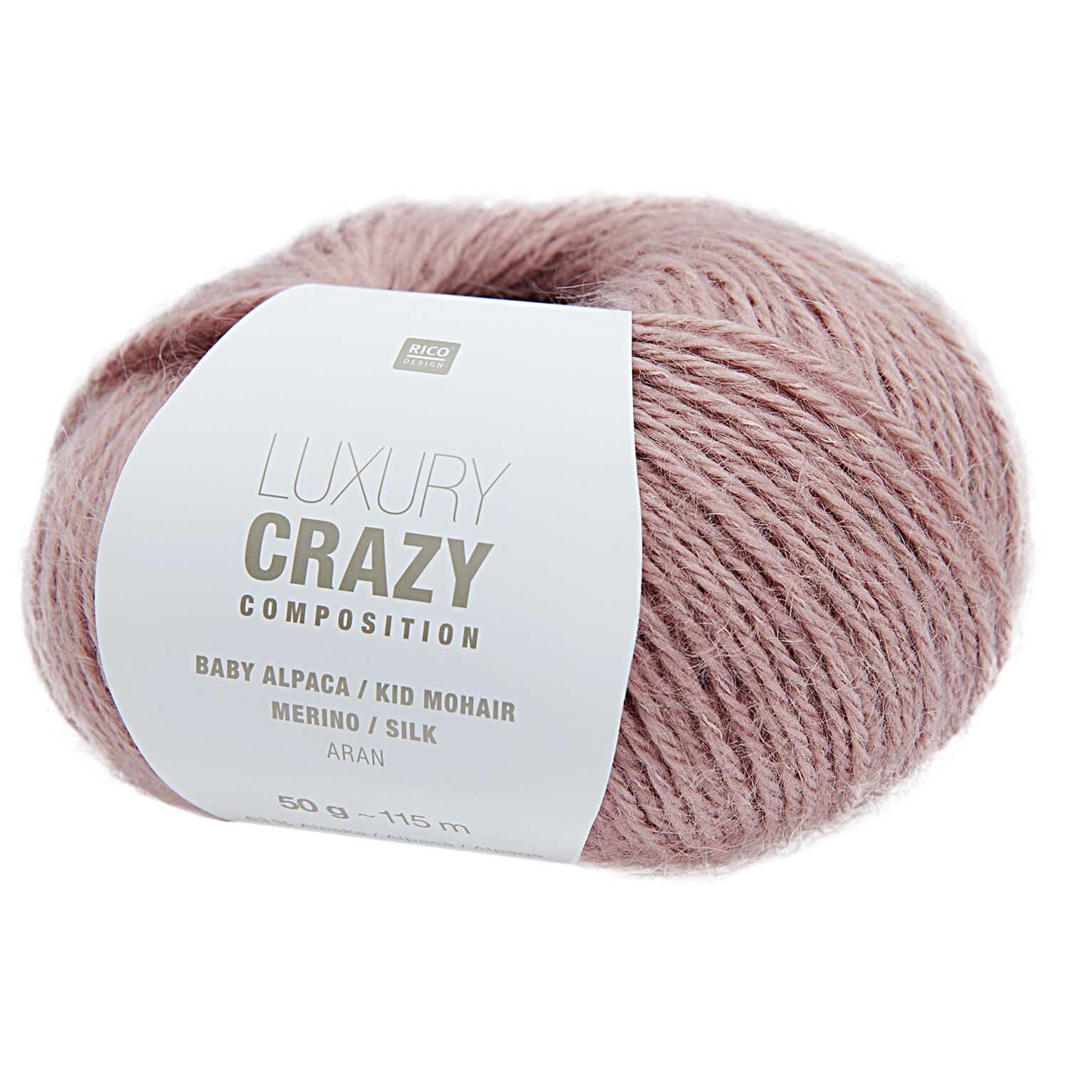 Luxury Crazy Composition aran: Altrosa Wolle von Rico Design, 50g Knäuel mit 115m Länge, ideal für edle Strickprojekte.
