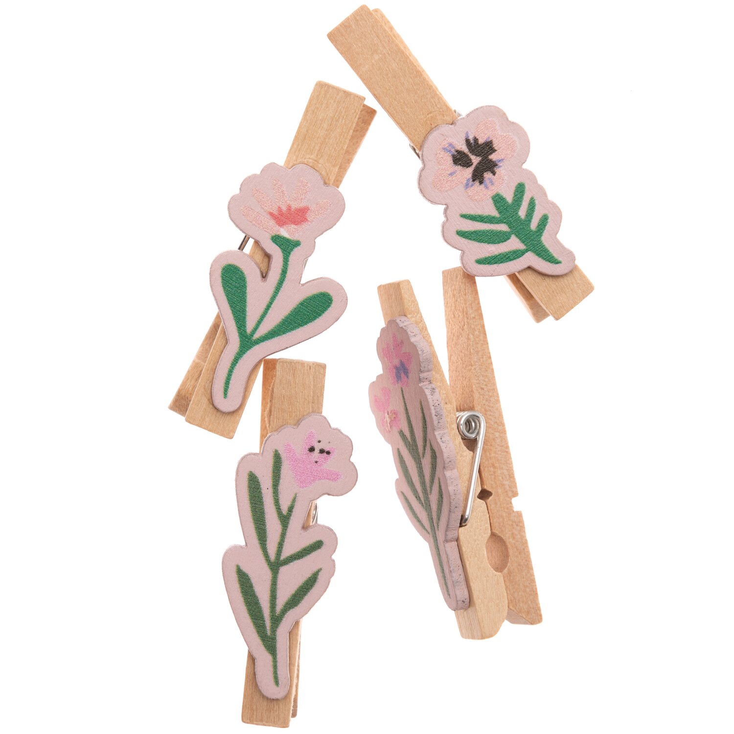 Dekoklammern Blumen Mix natur 4 Stück zeigen bunte Blumenmotive auf Holzklammern. Ideal für kreative Dekorationen.