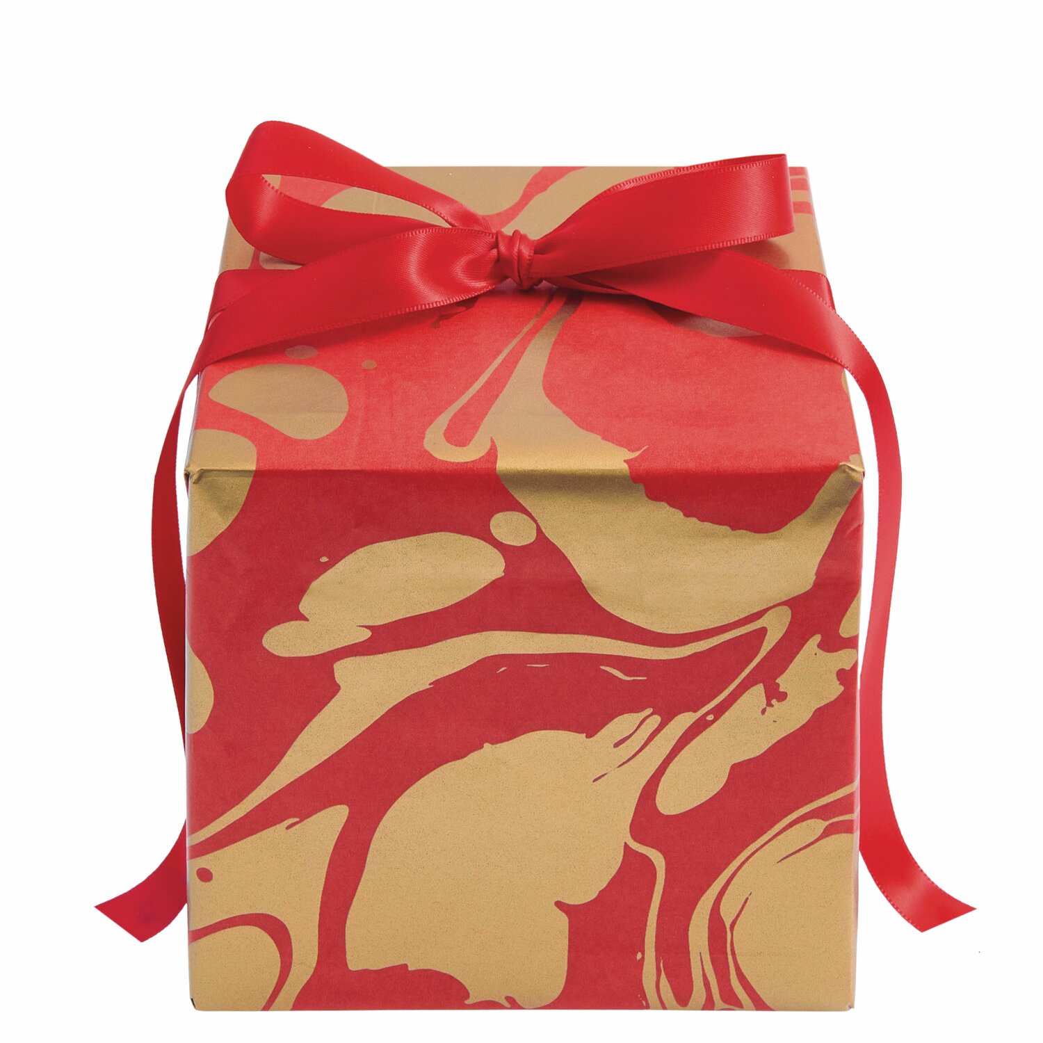 Seidenpapier Marmor 415x50cm, Geschenkbox in Rot/Gold mit rotem Band, 28g/m², von Rico Design.