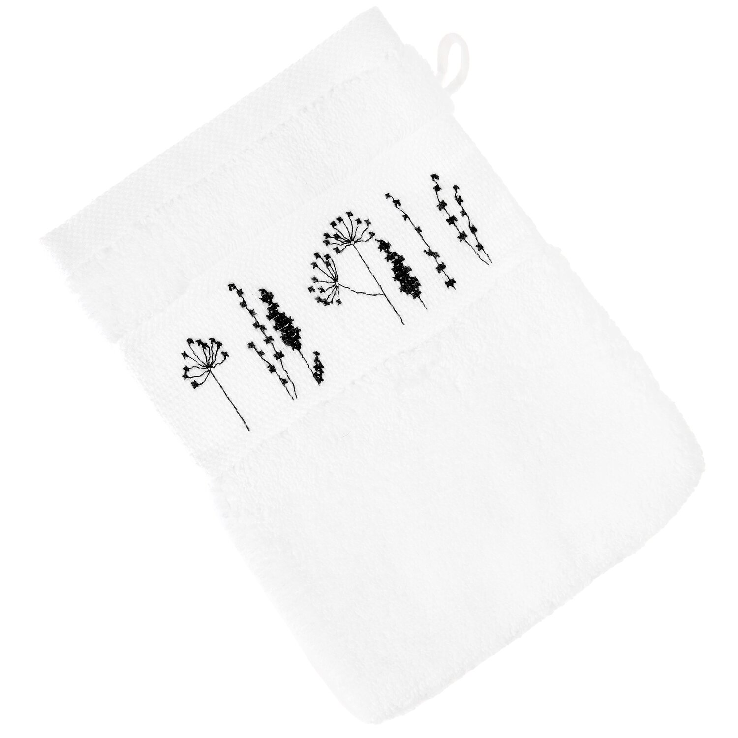 Stickset Waschhandschuh Weiß Modell 80857 aus Stickbuch 186, weicher Waschlappen mit schwarzem floralen Stickmotiv und Aufhänger für das Badezimmer