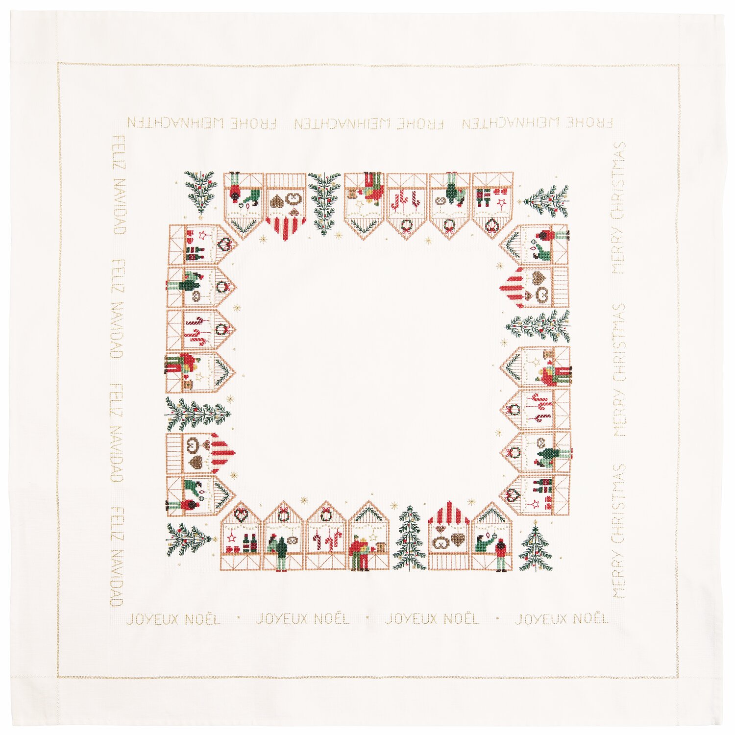 Stickpackung Tischdecke Weihnachtsmarkt, 90x90cm, mit weihnachtlichen Motiven von Rico Design. Ideal für festliche Dekorationen.