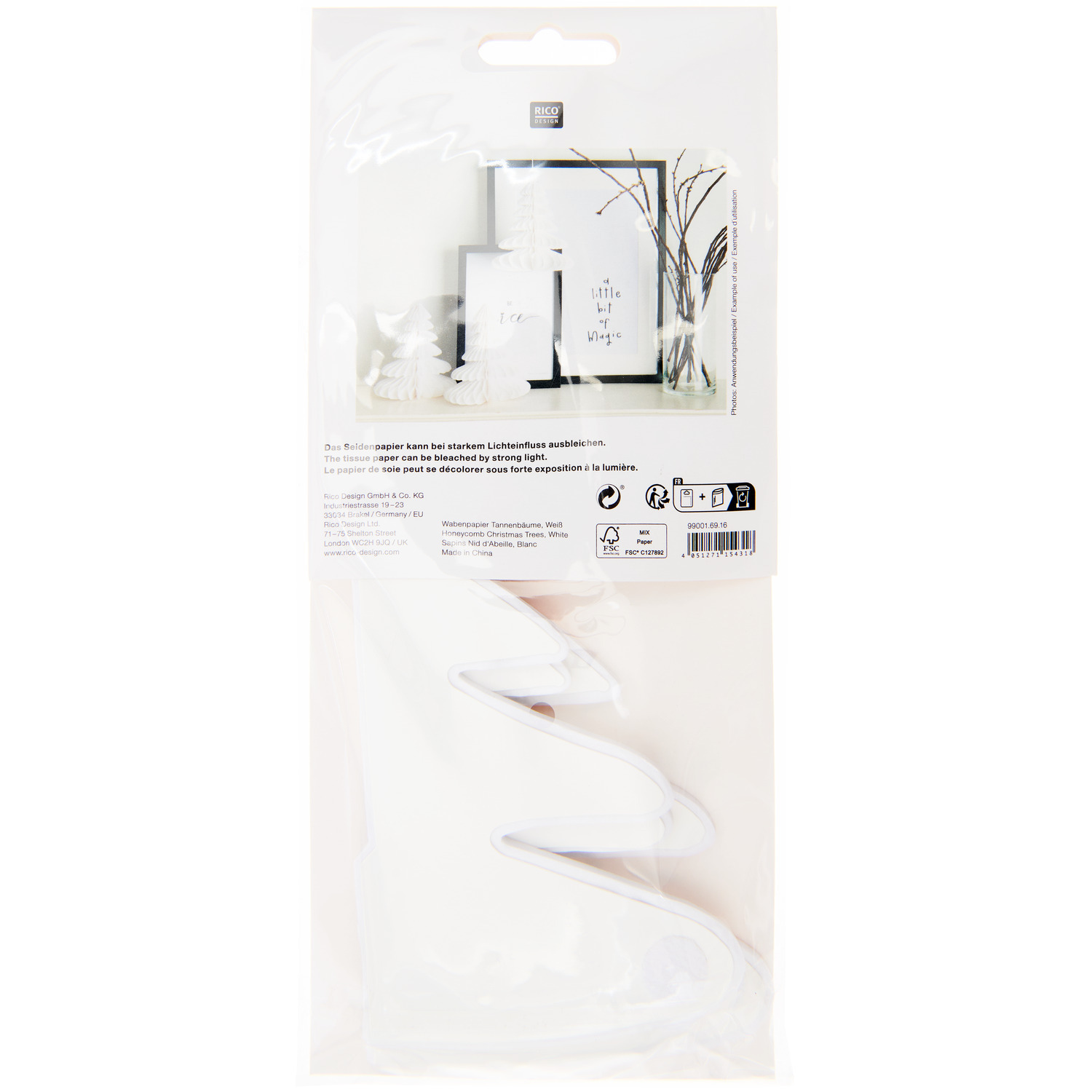 Wabenpapier Tannenbäume 20cm 3 Stück Farbe Weiß von Rico Design Wabenpapier Tannenbäume 20cm 3 Stück, weiß, von Rico Design, verpackt in transparenter Hülle. Ideal für festliche Dekorationen.