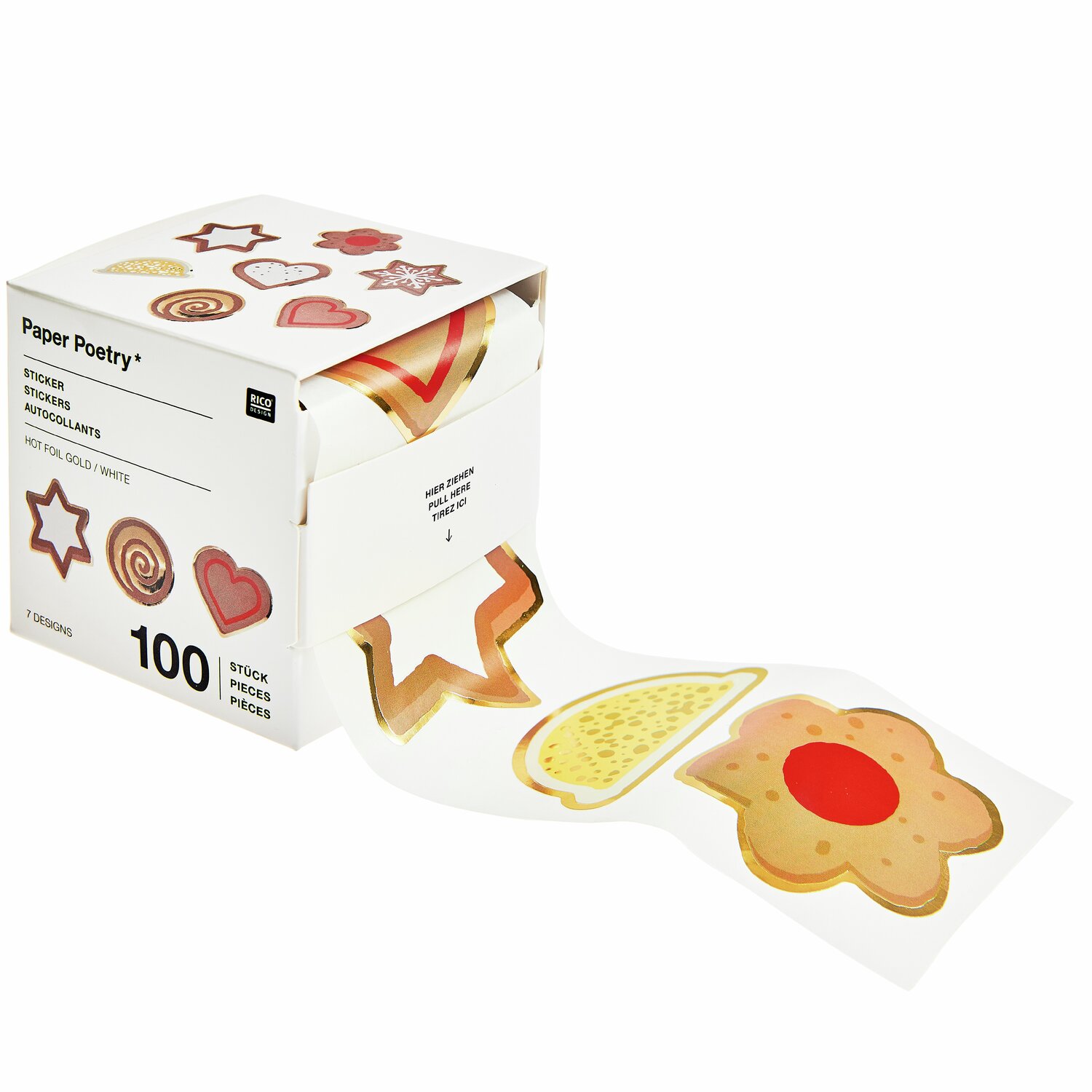 Paper Poetry Sticker Weihnachtsmarkt Cookies auf der Rolle: Bunte Kekssticker von Rico Design, 100 Stück, ideal für kreative Weihnachtsdekorationen.
