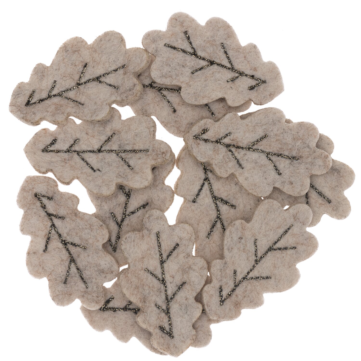Filzstreu Eichenblatt khaki-gold 12 Stück: Graue Filzblätter in Eichenform, ideal für Dekorationen.