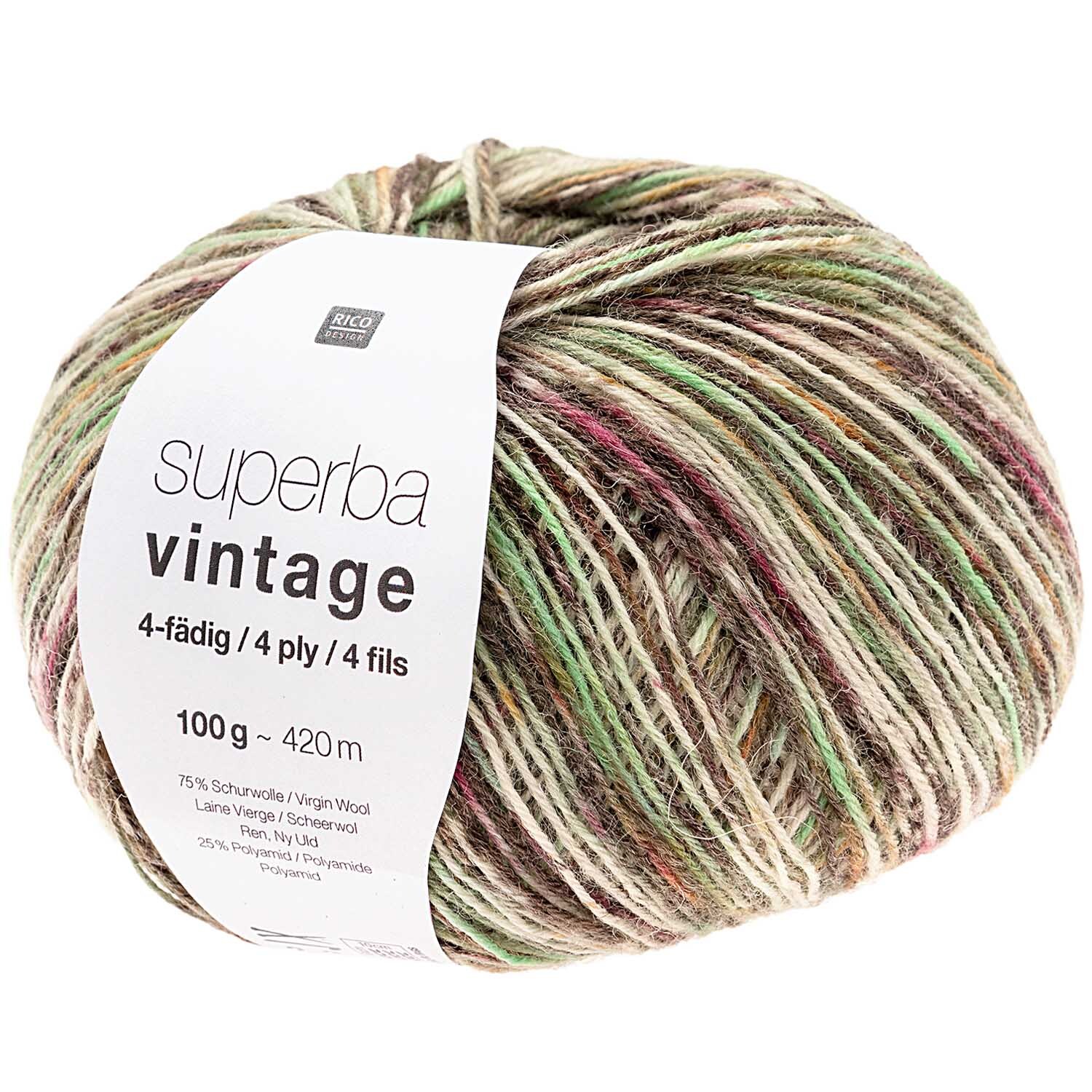 Superba Vintage 4fädig Wolle in Braun-Grün von Rico Design, 100g Knäuel mit 420m Länge. Ideal für Strickprojekte.