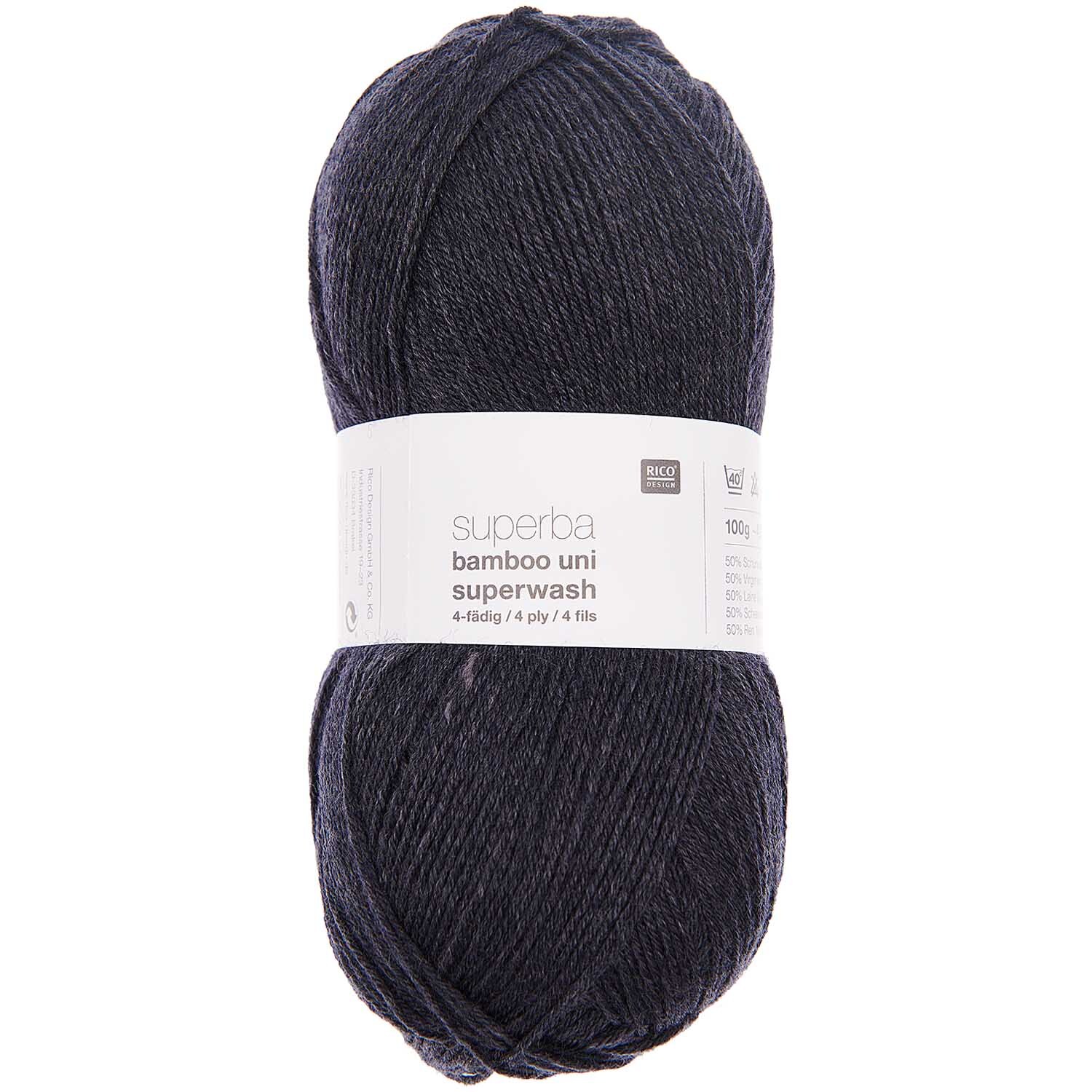 Superba Bamboo Uni 4fädig Garn in Graublau von Rico Design, 100g Knäuel, ideal für Strickprojekte.