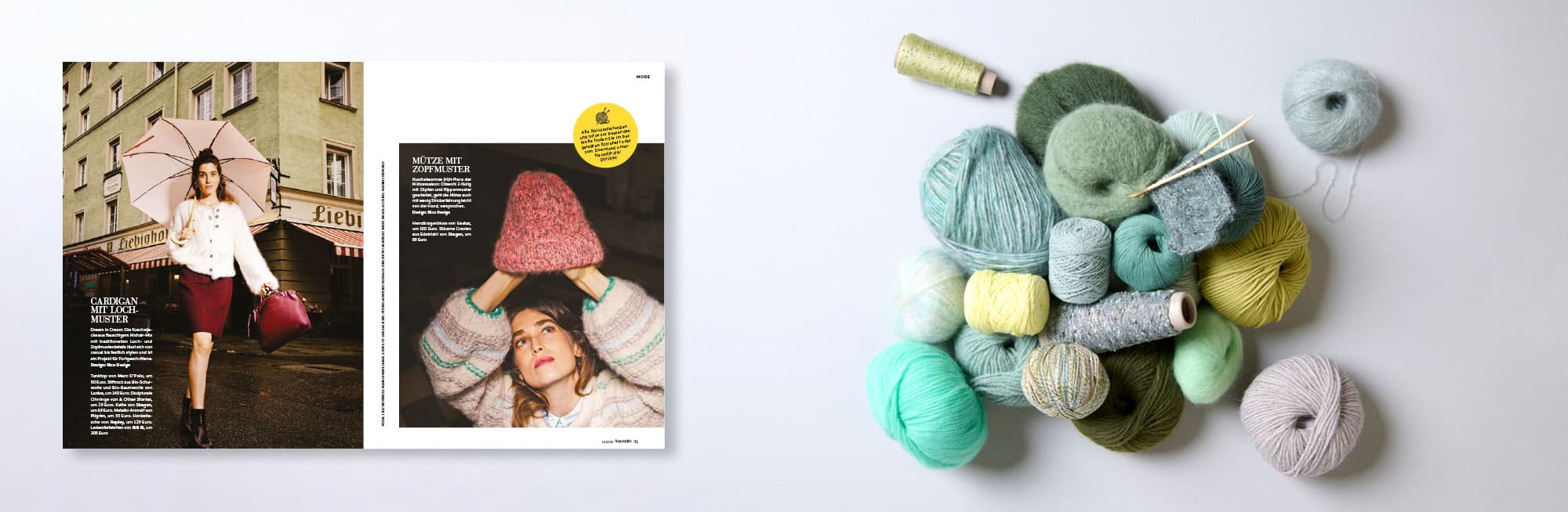 Ausschnitt aus dem Magazin Freundin und bunte Garnknäuel