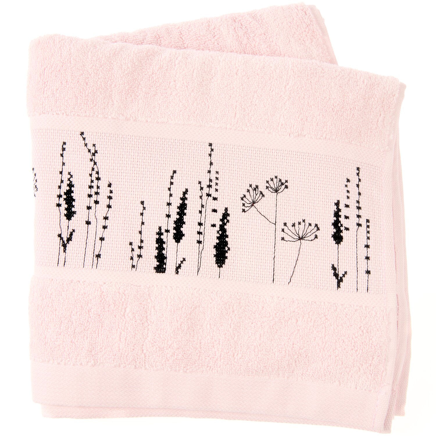 Stickset Handtuch, Pastellrosa Modell 80857 aus Stickbuch 186 zeigt ein weiches Frotteehandtuch mit schwarzem Blumenstickerei-Band für dekorative Badgestaltung