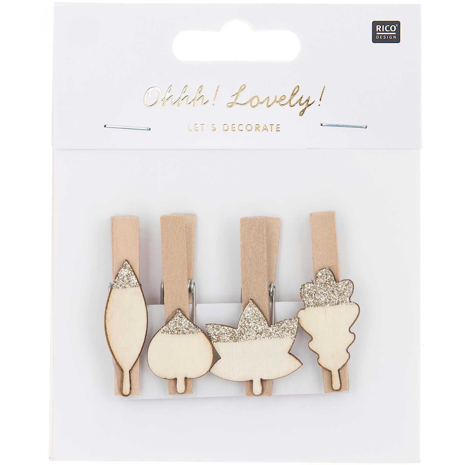 Holzclips Blätter Mix mit Glitter natur-gold 4,8cm 4 Stück von Rico Design