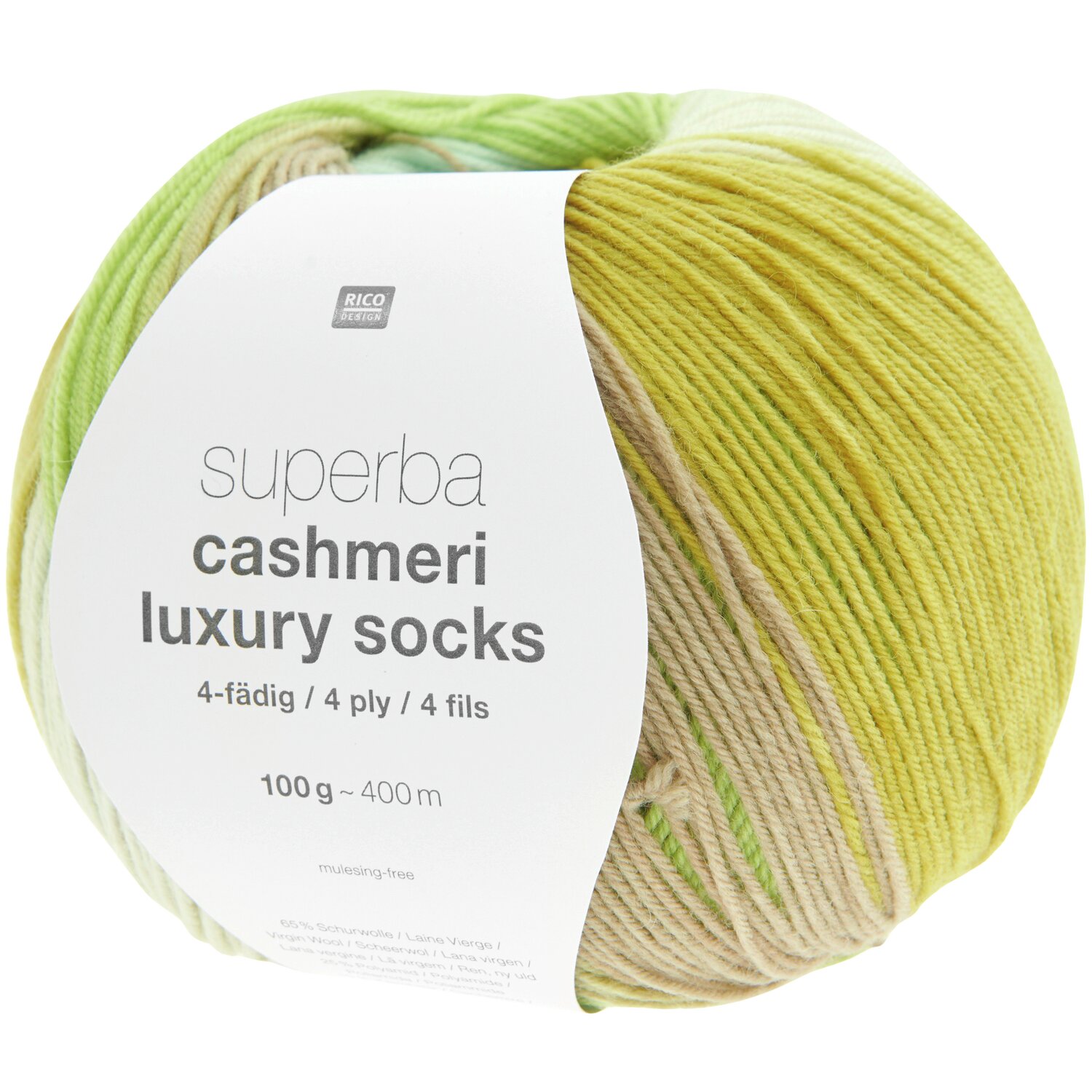 Superba Cashmeri Luxury Socks 4fädig, 100g 400m, in frischen Limettentönen von Rico Design.