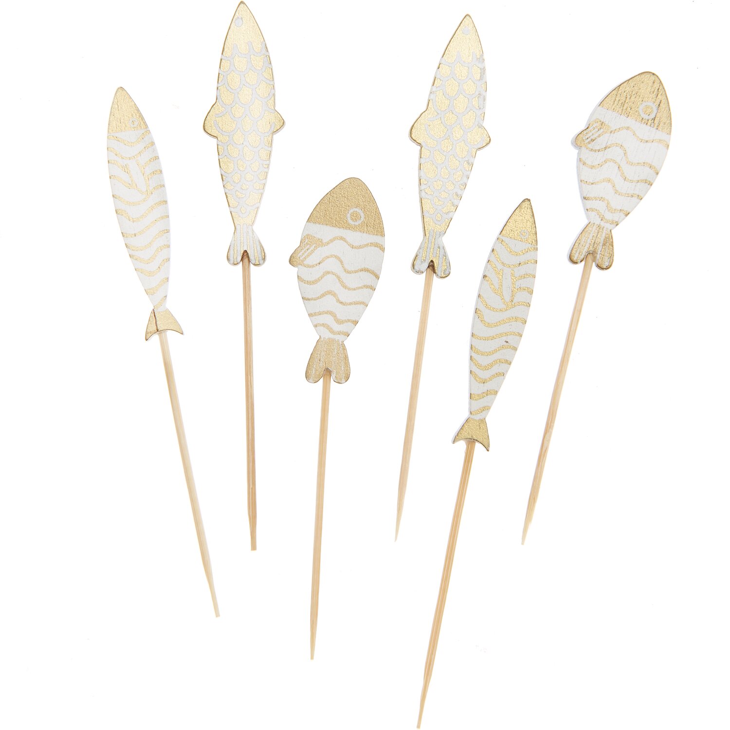 Deko-Picker Fisch Mix gold-weiß, 7,5-8,5cm, 6 Stück. Ideal für kreative Tischdekorationen.