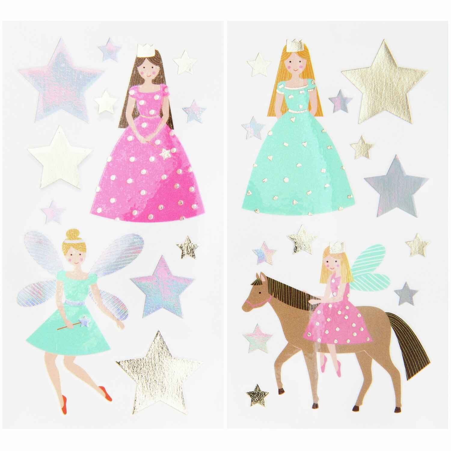 Tattoos Prinzessinnen und Feen: 26-teiliges Set mit bunten Prinzessinnen, Feen und Sternen.