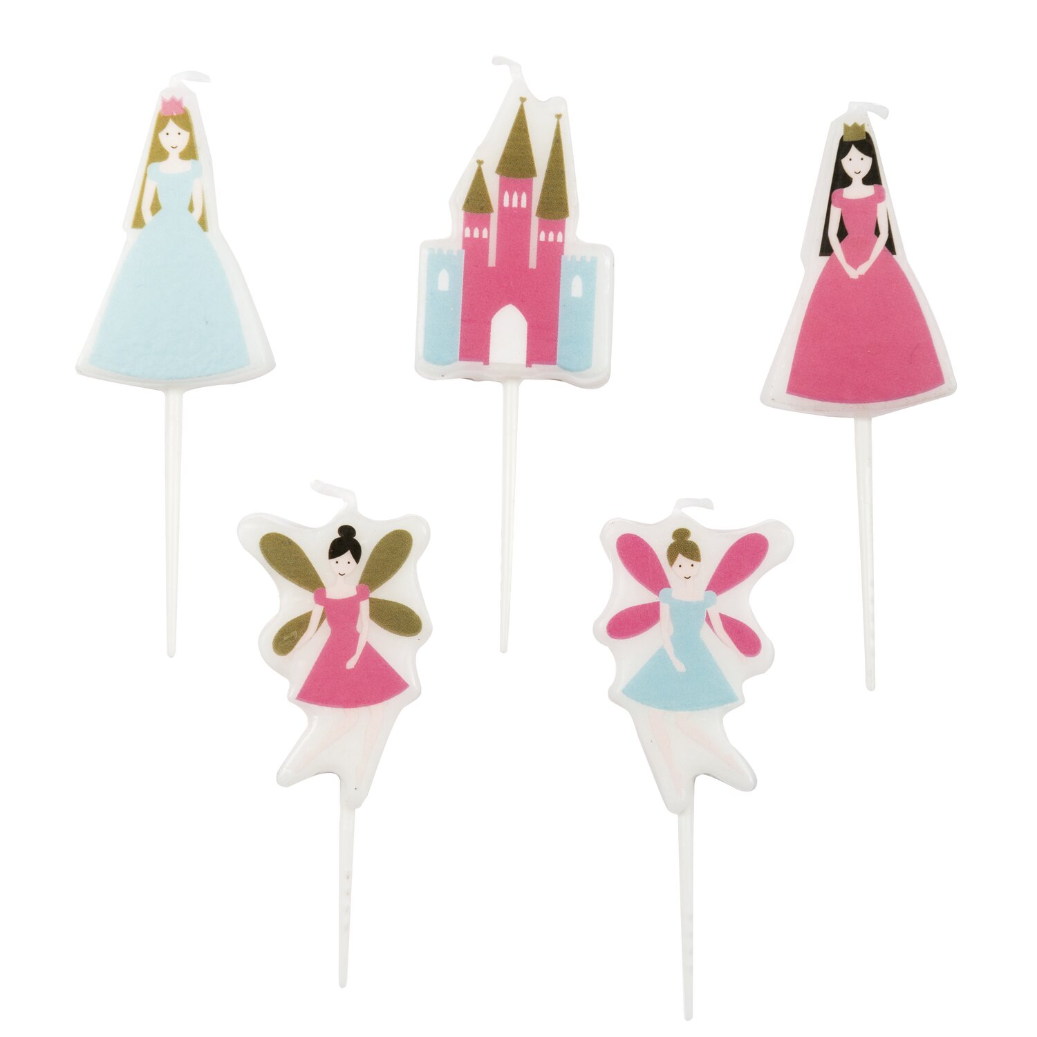 Kerzen Prinzessin, 5 Stück, Rico Design, dekorative bunte Geburtstagskerzen mit Prinzessinnen, Feen und Schlossmotiv für Kindergeburtstag und Mottofeiern
