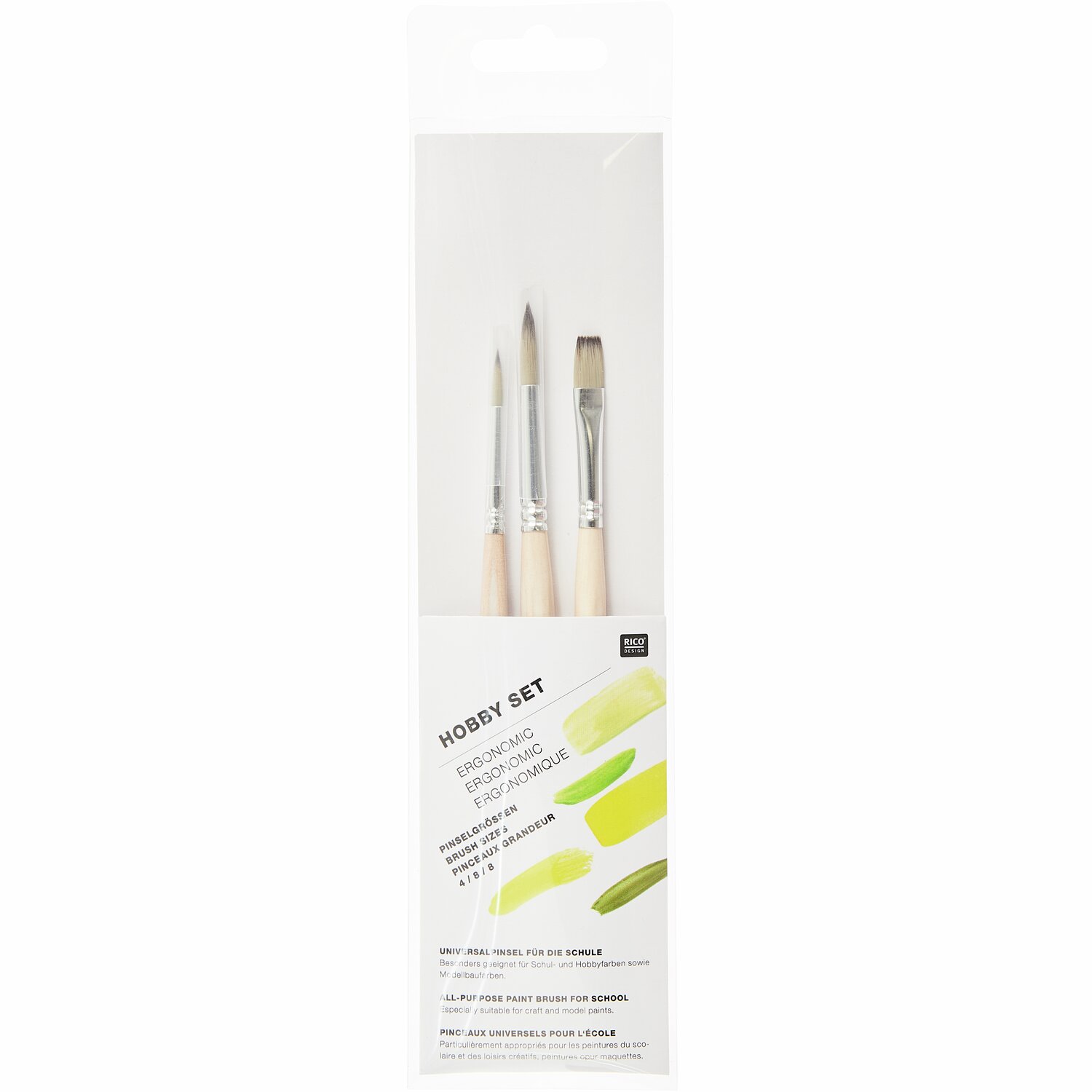 Pinsel Hobbyset Synthetic Ergonomic, 3-teilig, von Rico Design. Enthält drei ergonomische Pinsel in neutralen Farben, ideal für kreative Projekte.
