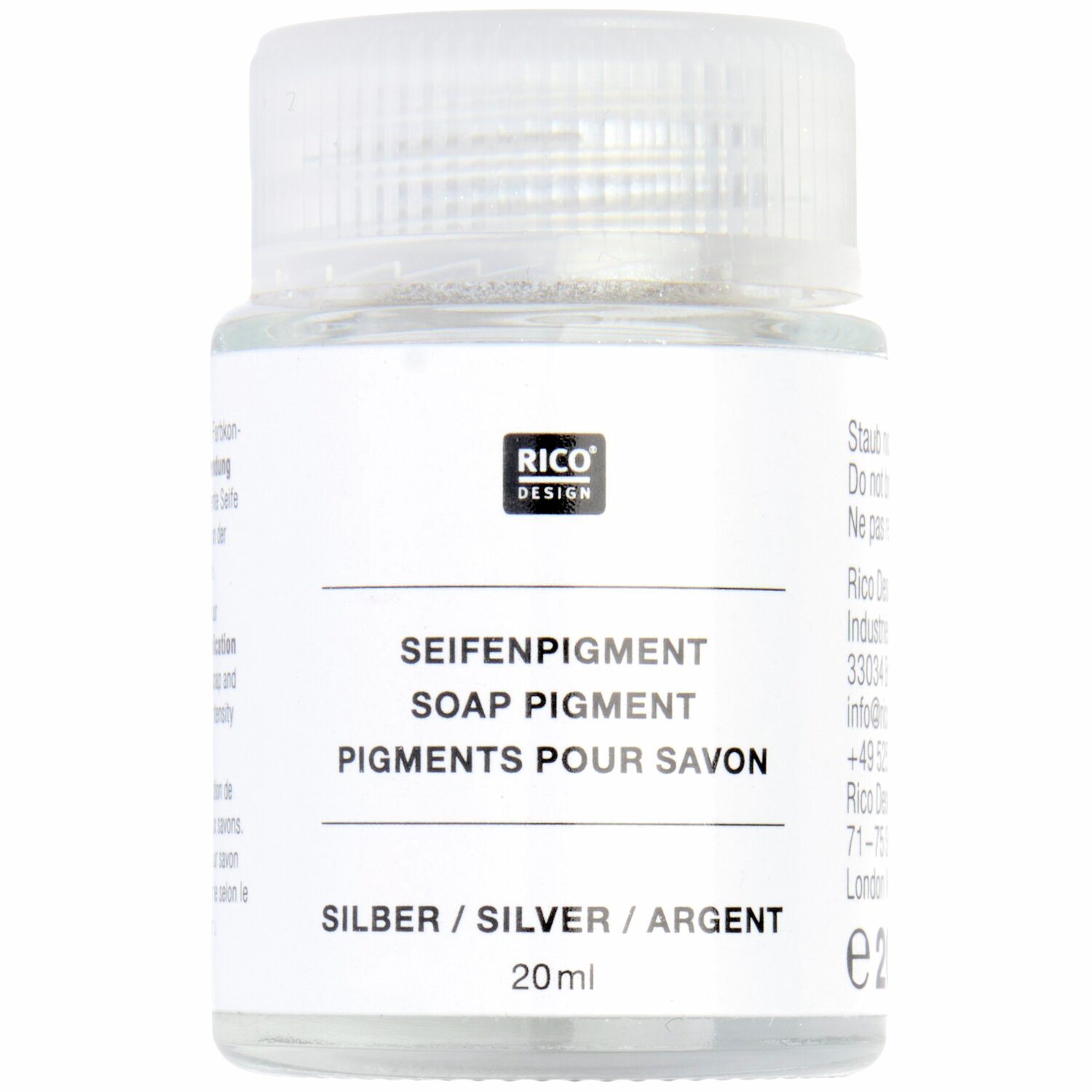 Seifenpigment silber, 20ml von Rico Design. Transparentes Gefäß mit silbernem Pigment für kreative Seifenherstellung.