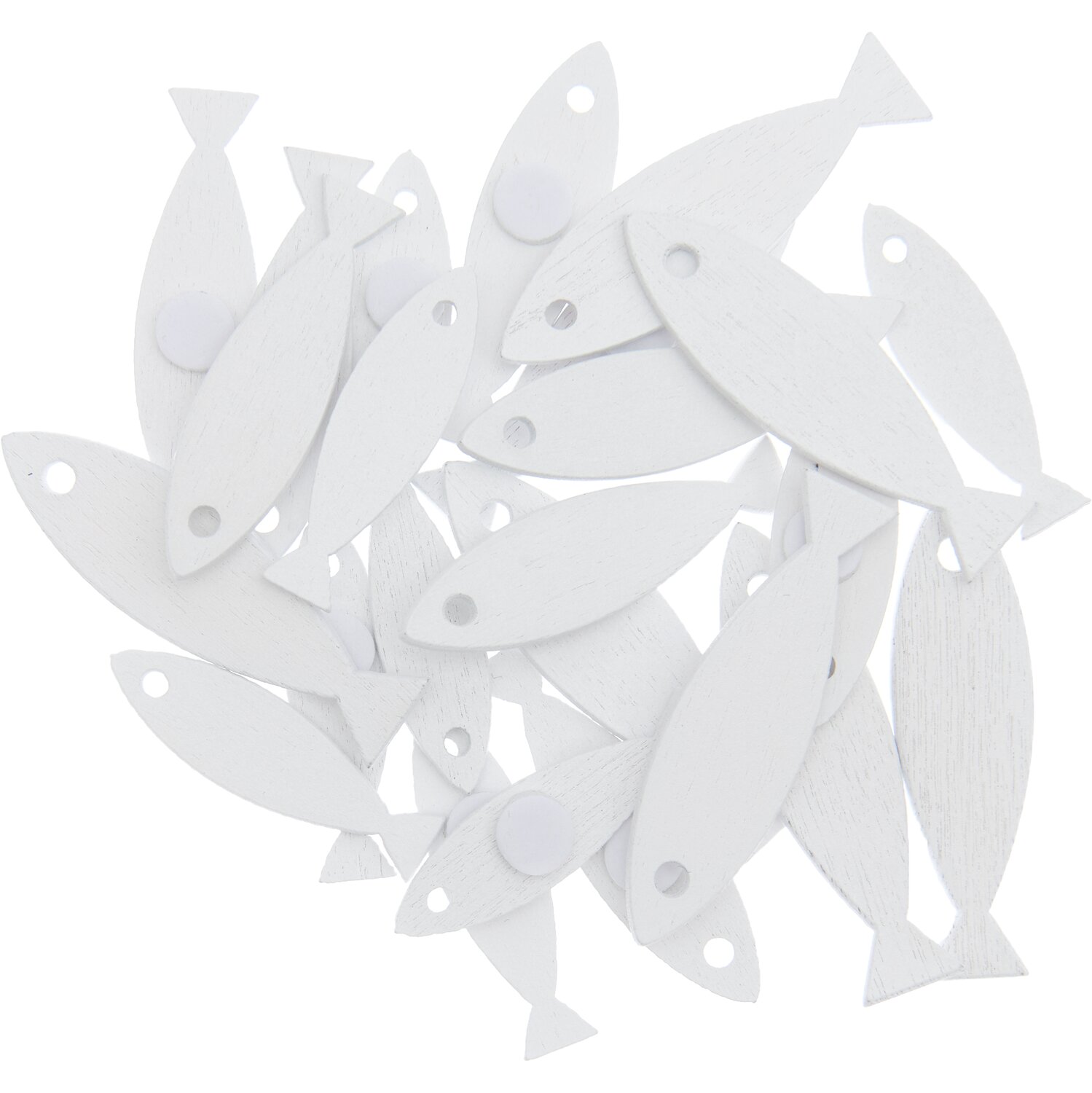 Holzsticker Fisch Mix weiß 24 Stück: Weiße Fisch-Sticker aus Holz, ideal für kreative Bastelprojekte.