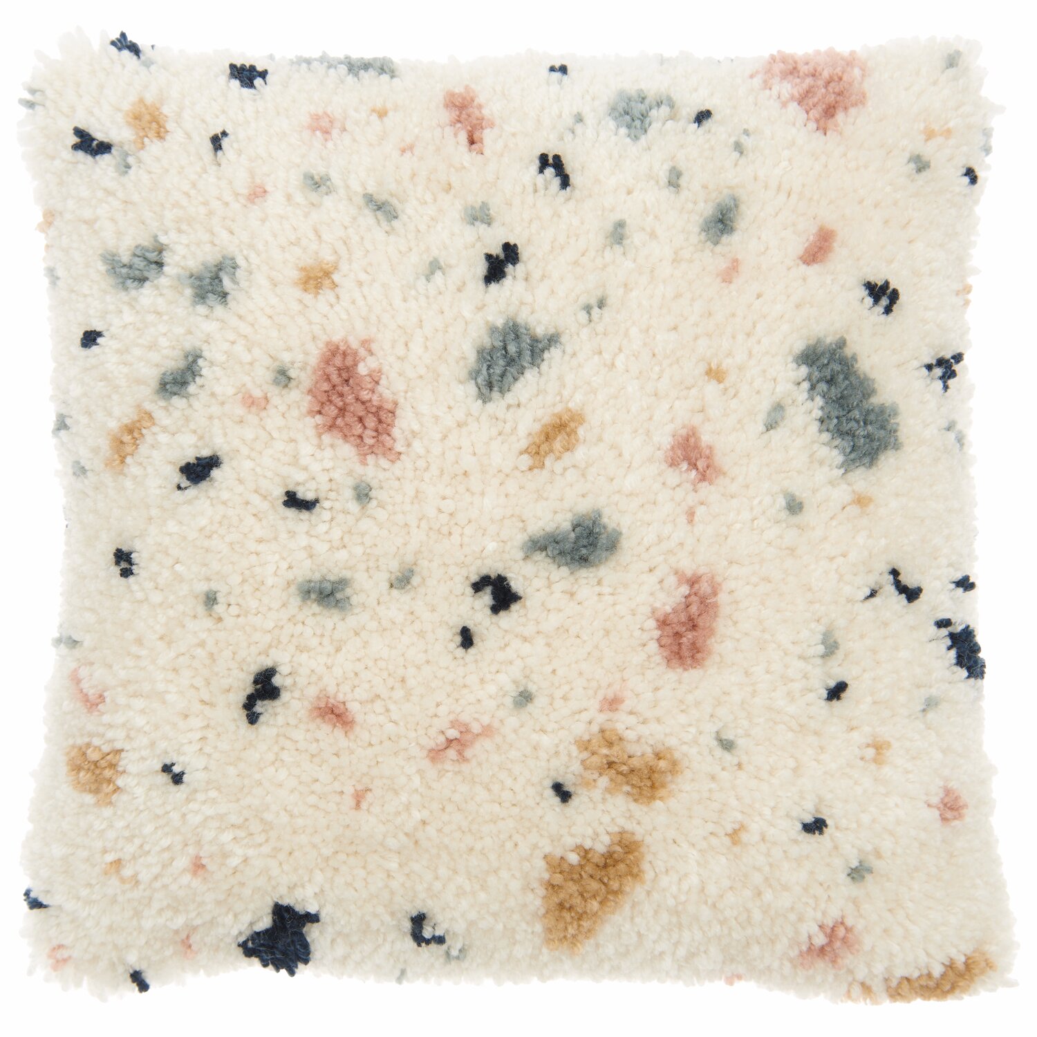 Rico Hooki Hooki Knüpfset Kissen Terrazzo, 40x40cm, zeigt ein buntes Muster auf weißem Hintergrund. Ideal für kreative Wohnaccessoires.