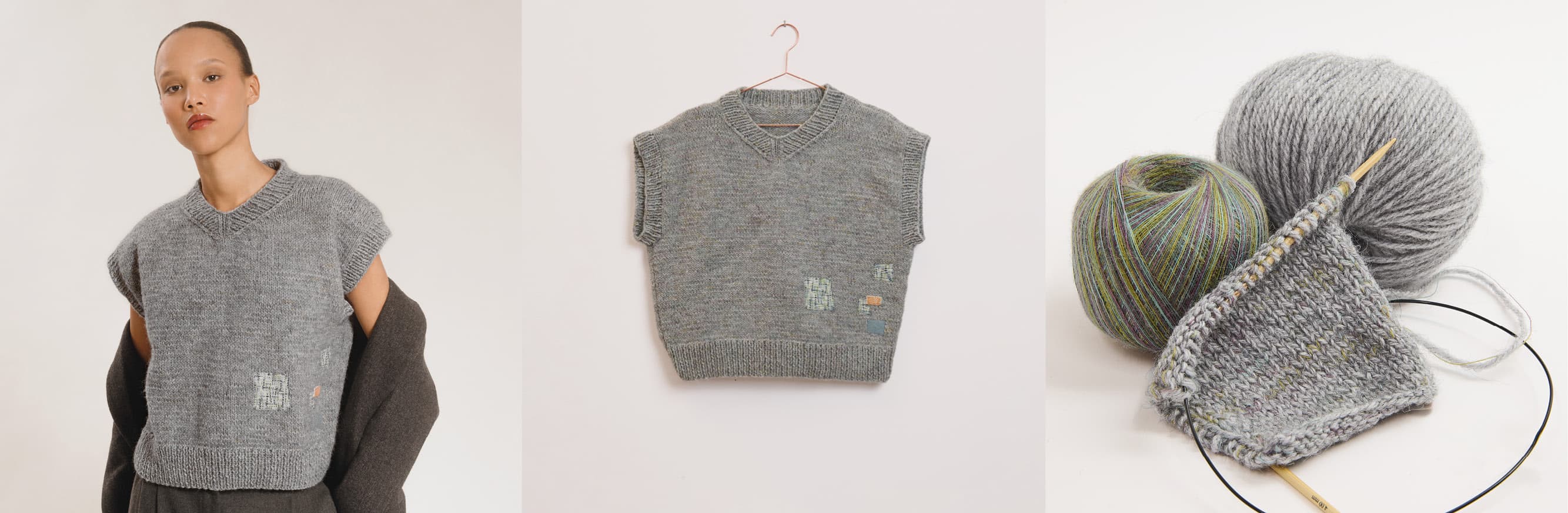 Gestrickter Pullunder in Grau, gezeigt als getragenes Modell, Produktansicht und mit passenden Wollknäueln. 