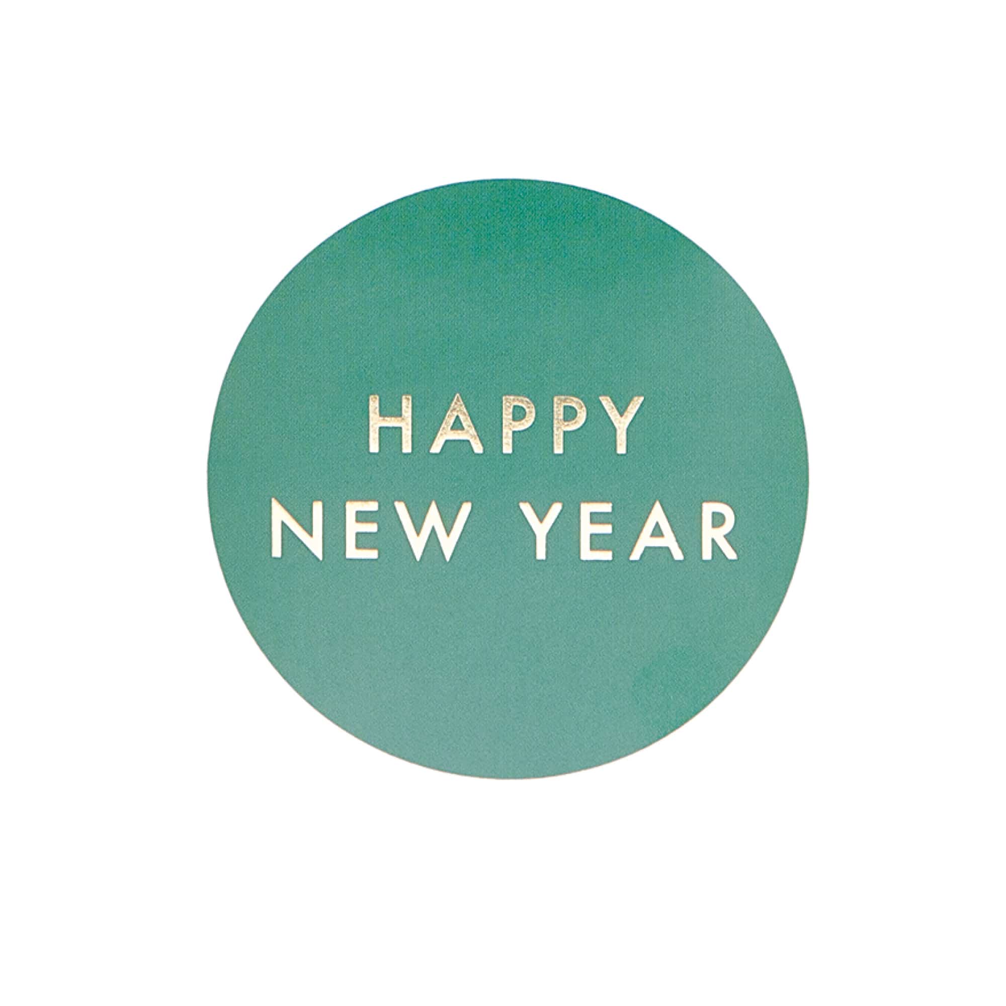 Runder Aufkleber in Grün mit Aufschrift "Happy New Year"