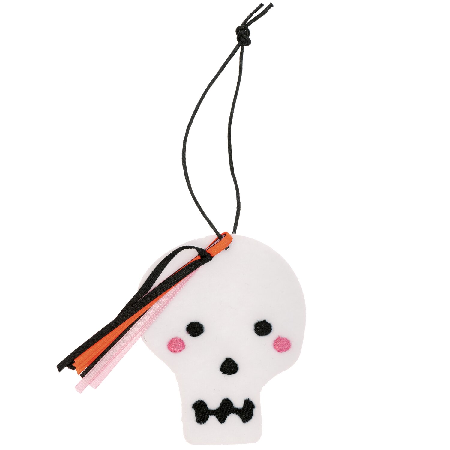 Filzhänger Totenkopf weiß 8x6,5cm: Weißer Filztotenkopf mit schwarzen und rosa Details, dekorativer Anhänger.