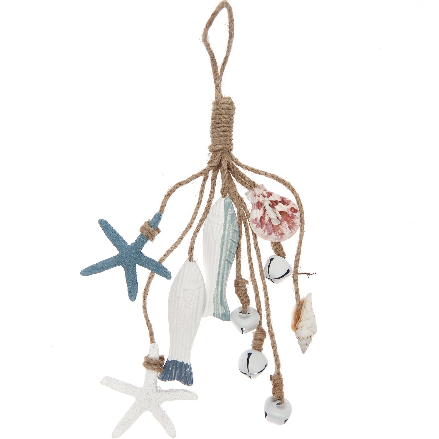 Holzhänger Maritim mit Glöckchen, blau-weiß, 25cm. Dekorative Anhänger in Seestern- und Fischform, ideal für maritime Dekorationen.