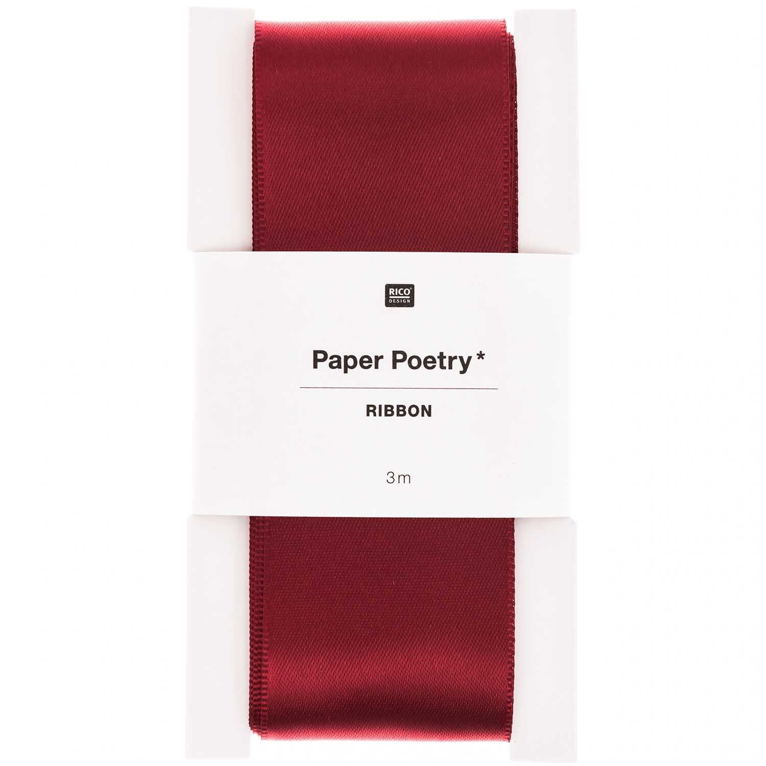 Paper Poetry Satinband 38mm 3m Farbe Dunkelrot von Rico Design Paper Poetry Satinband in Dunkelrot, 38mm breit und 3m lang, ideal für kreative Projekte.